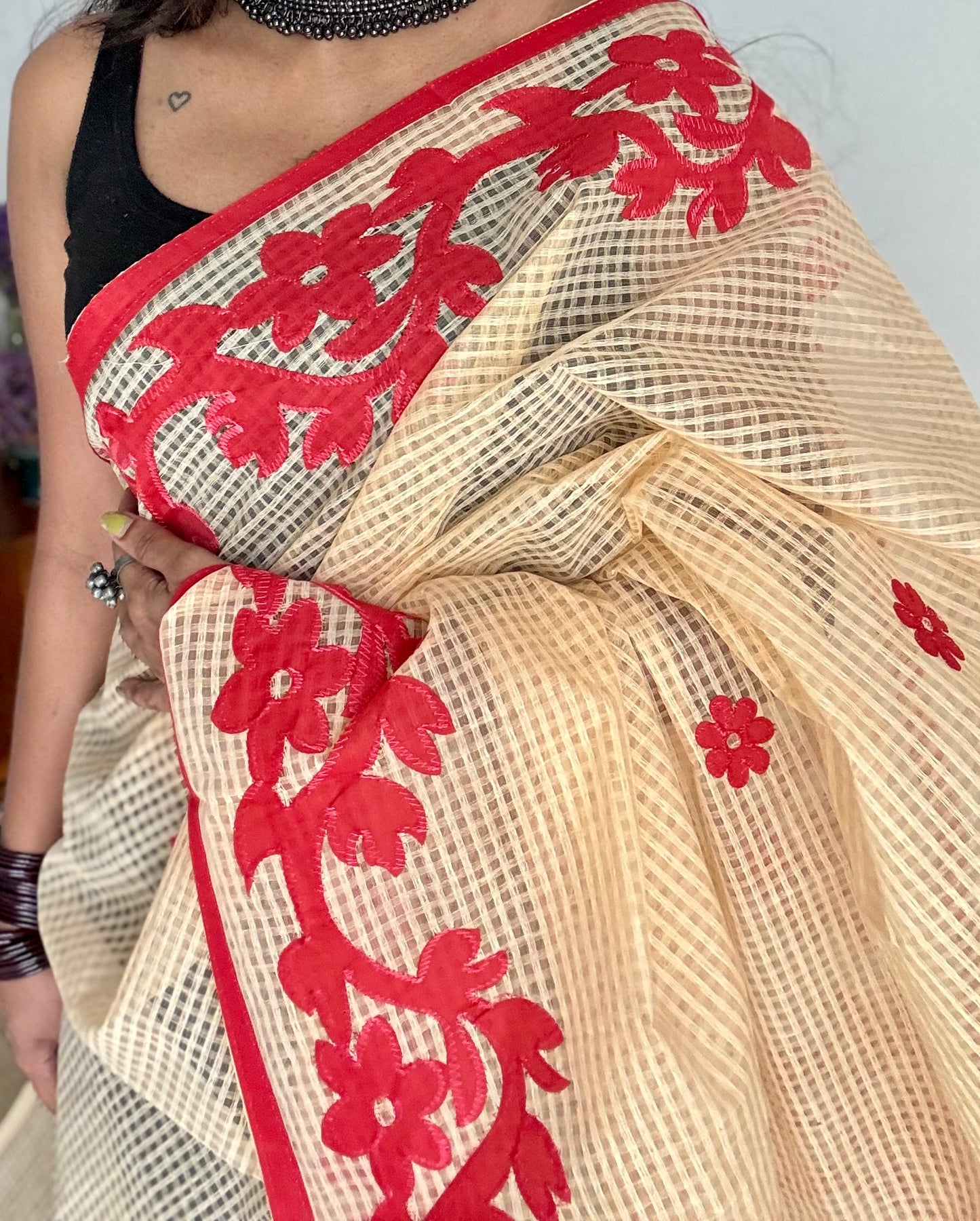 Rabdi Rose - cream kota saree with red floral cut work - YCTORKDAP14