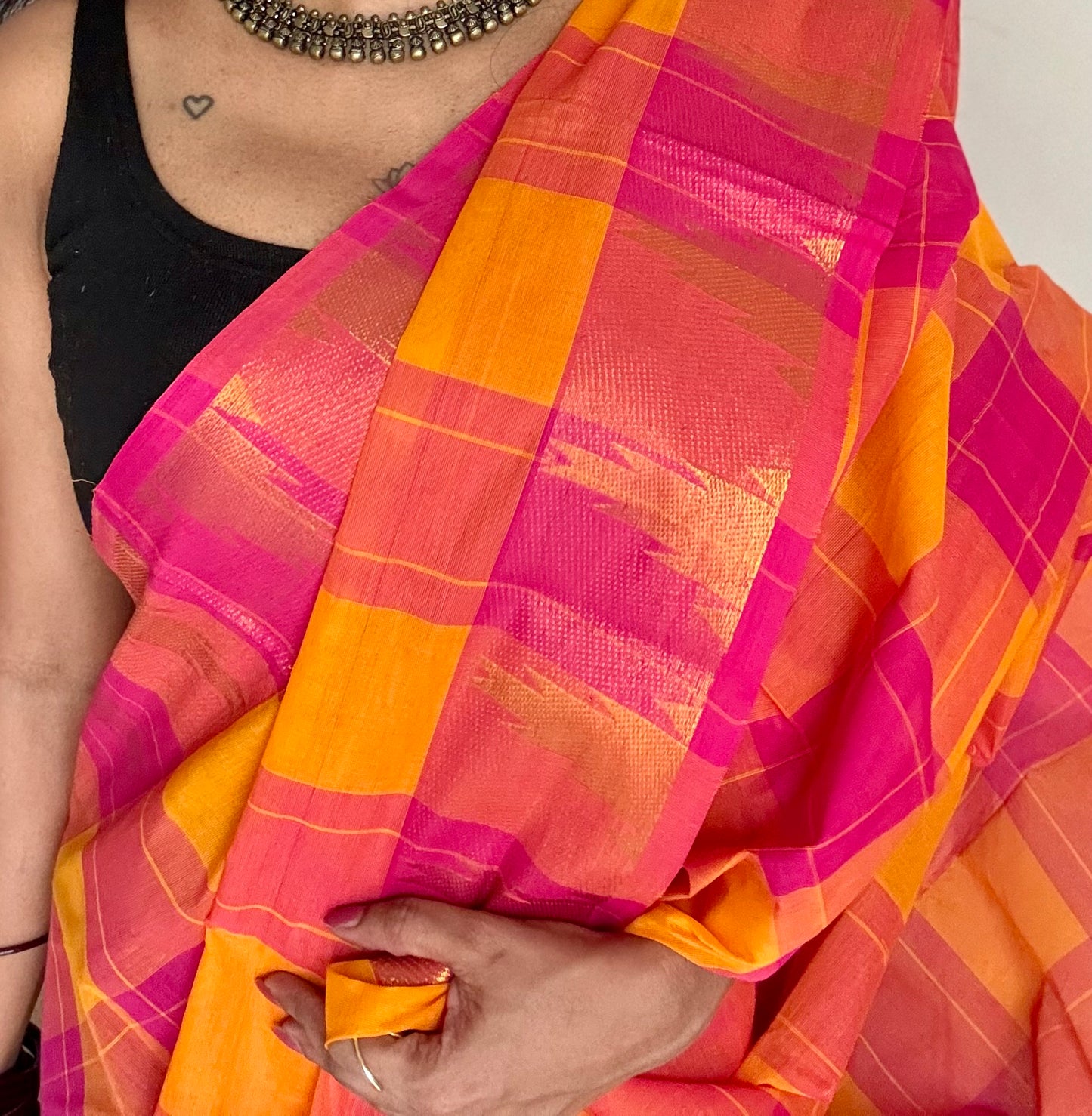 Chettinad cotton saree with yellow and pink checks, temple motif border - YCCOTNAP59
