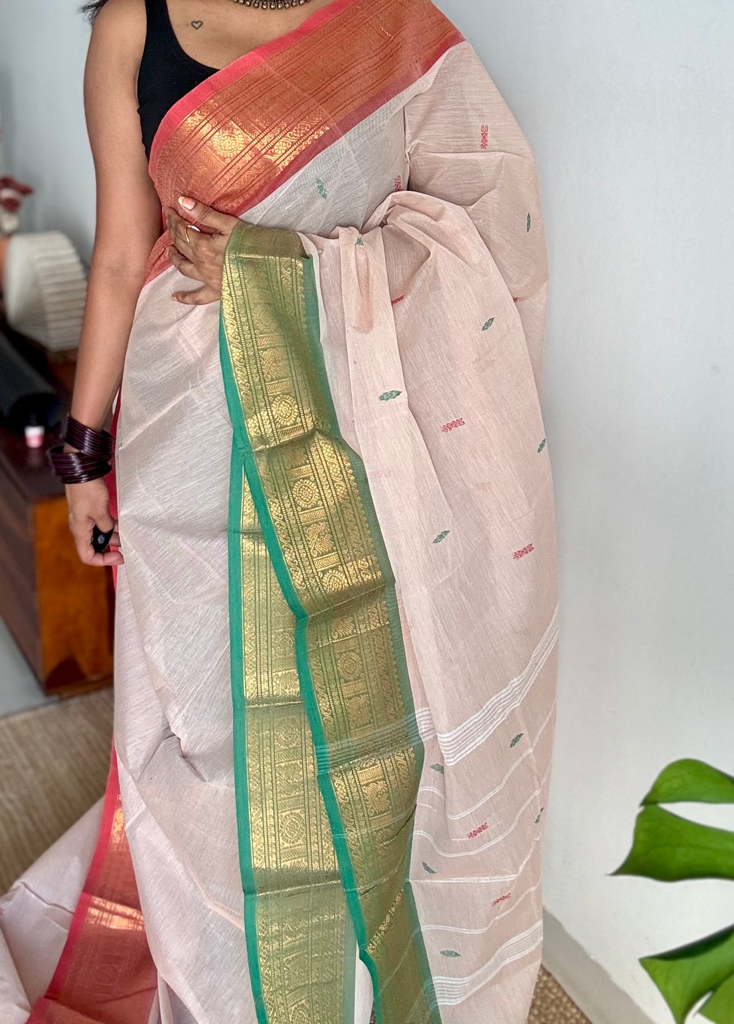Beige with green pink and coral red contrast, kanchi cotton saree - YCCOTNMA327