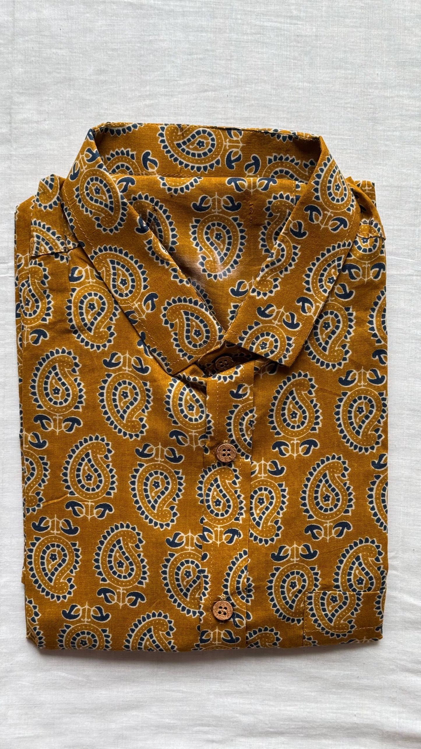 Rust Orange & Blue Motif Block Printed Cotton Men's Half Sleeve Mandarin Collar Kurta Shirt - YCMSEIE192