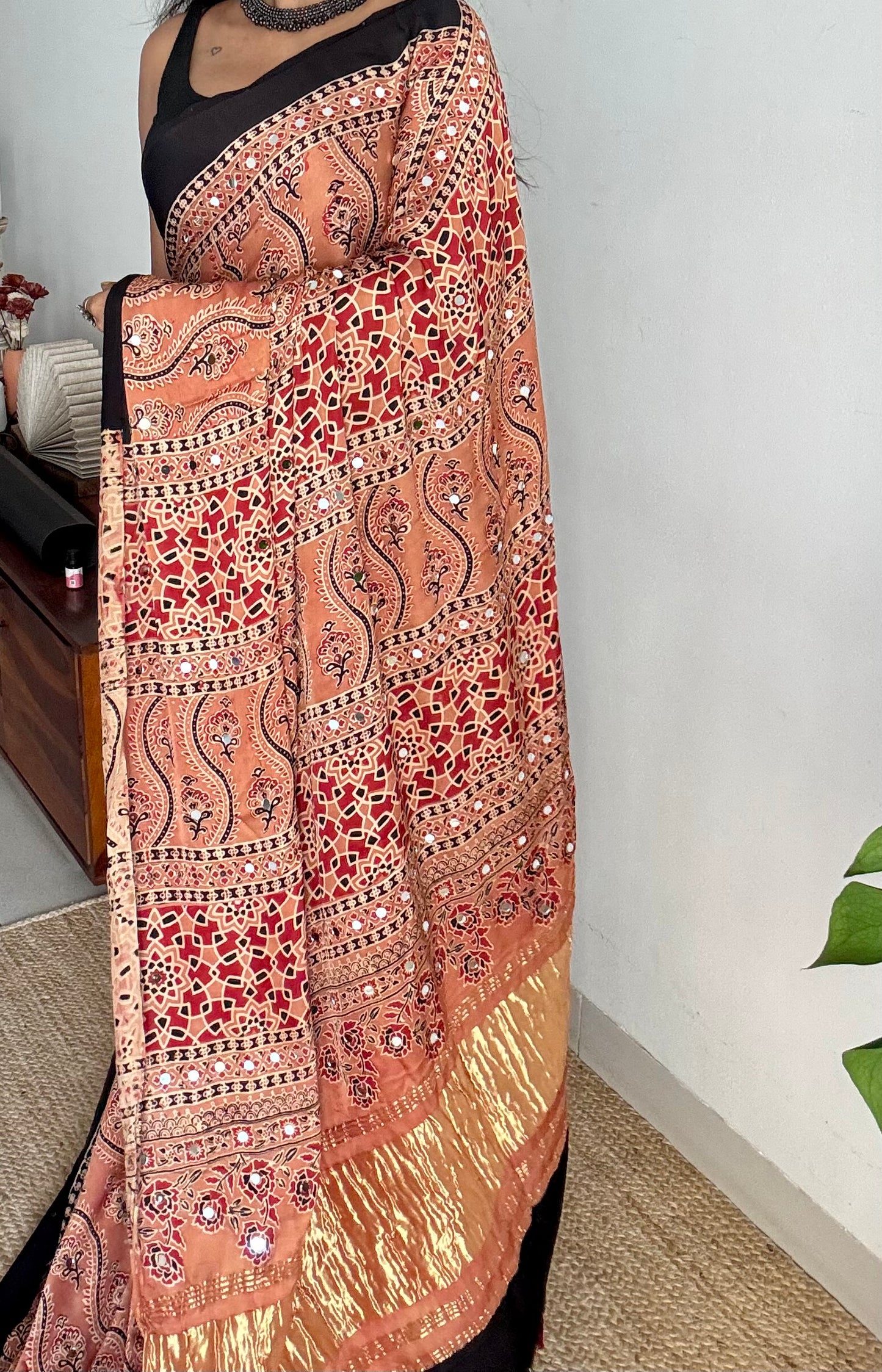Light clay brown pure modal silk saree with ajrakh handblock print and mirror work, gold zari pallu - YCTOKAJM341