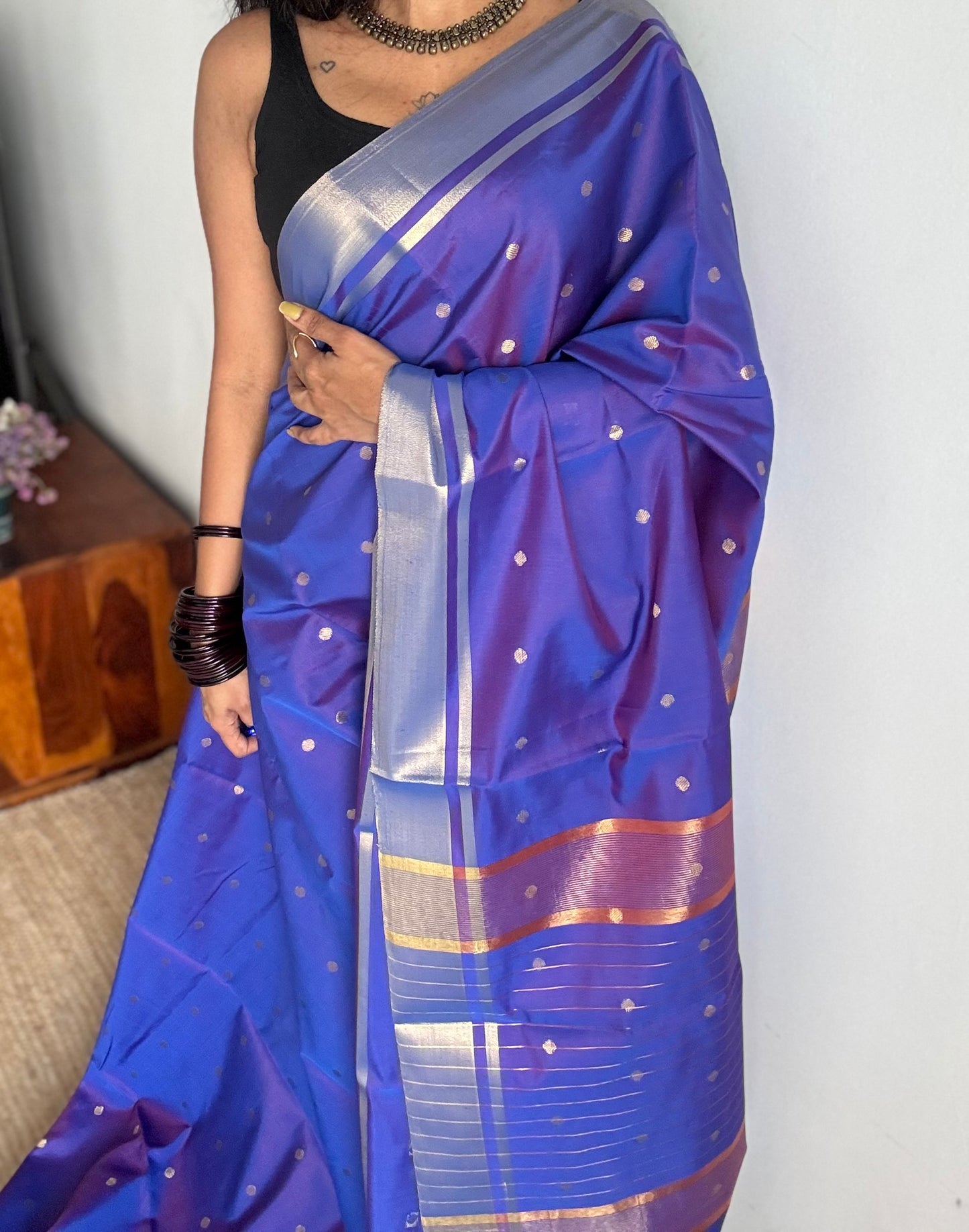 Purple with antique gold silver dual tone border & buttas, semi katan silk - YCBLSSJA19