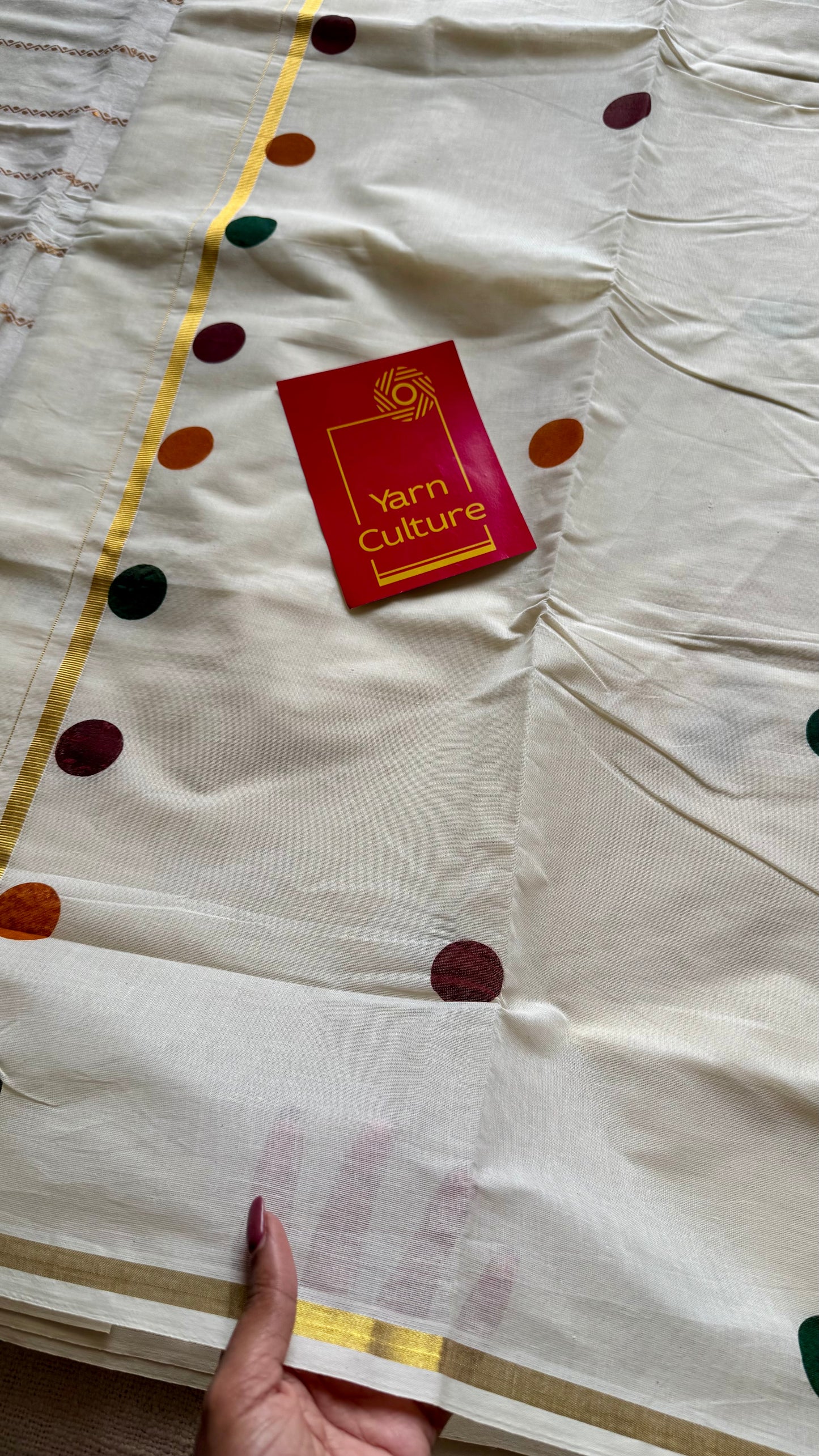 Ivory and gold soft cotton thin border kasavu saree, maroon, green and mustard polka - YCIEON74