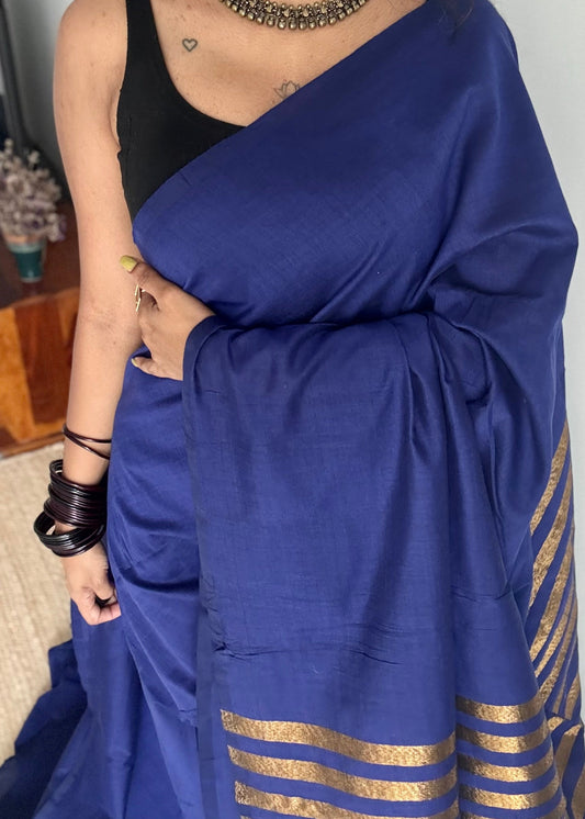 Royal blue khadi with antique gold pallu - YCBCKZPSE04