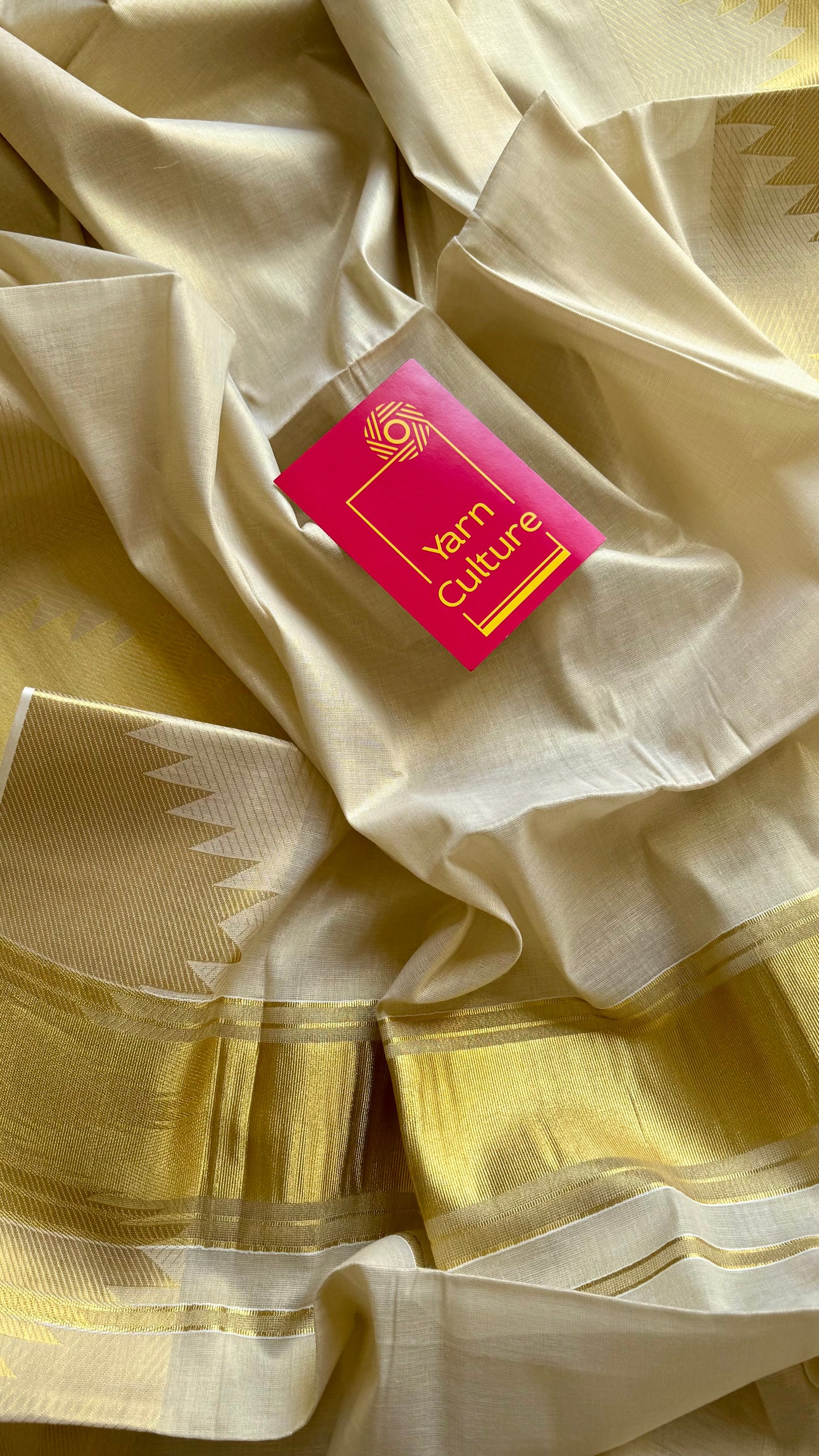 Ivory and gold soft tissue cotton saree, temple motif border - YCIEON81