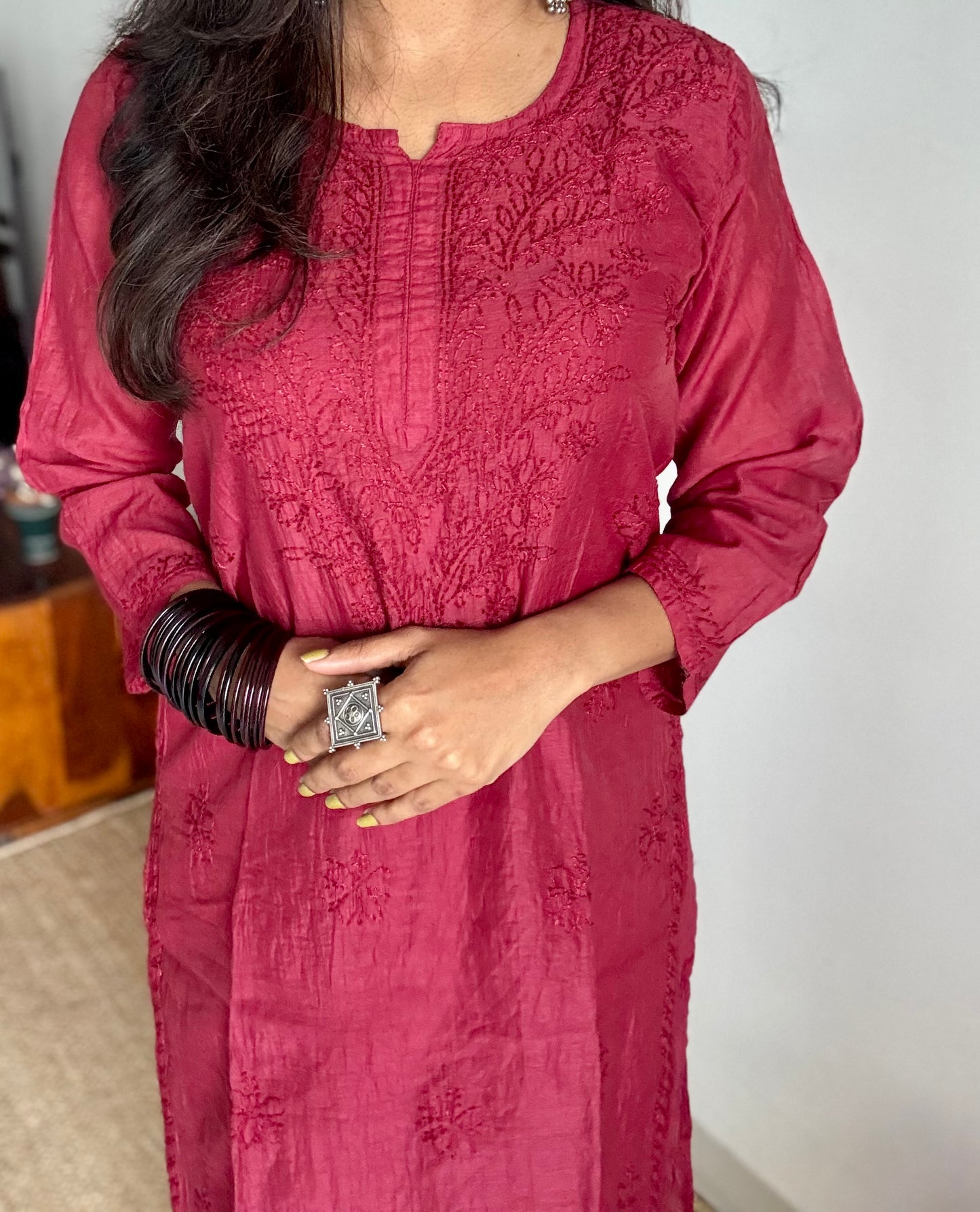 Deep carmine muslin chanderi chikankari with bakhiya work, stitched kurta, round neck, three fourth sleeves - YCSECK21