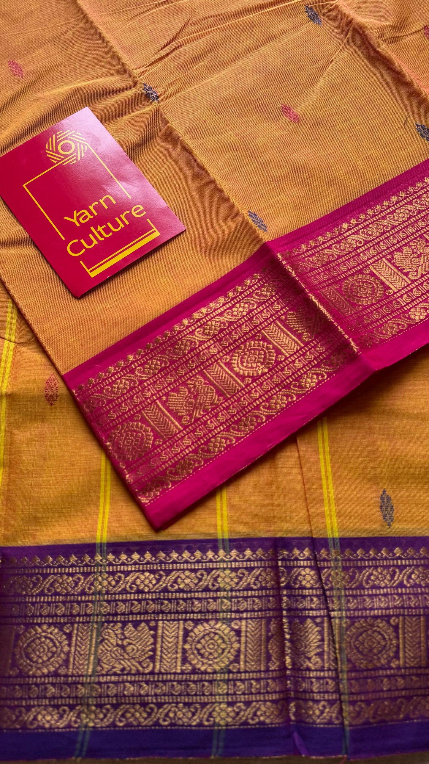 Light orange with hot pink and purple contrast, kanchi cotton saree - YCCOTNMA325