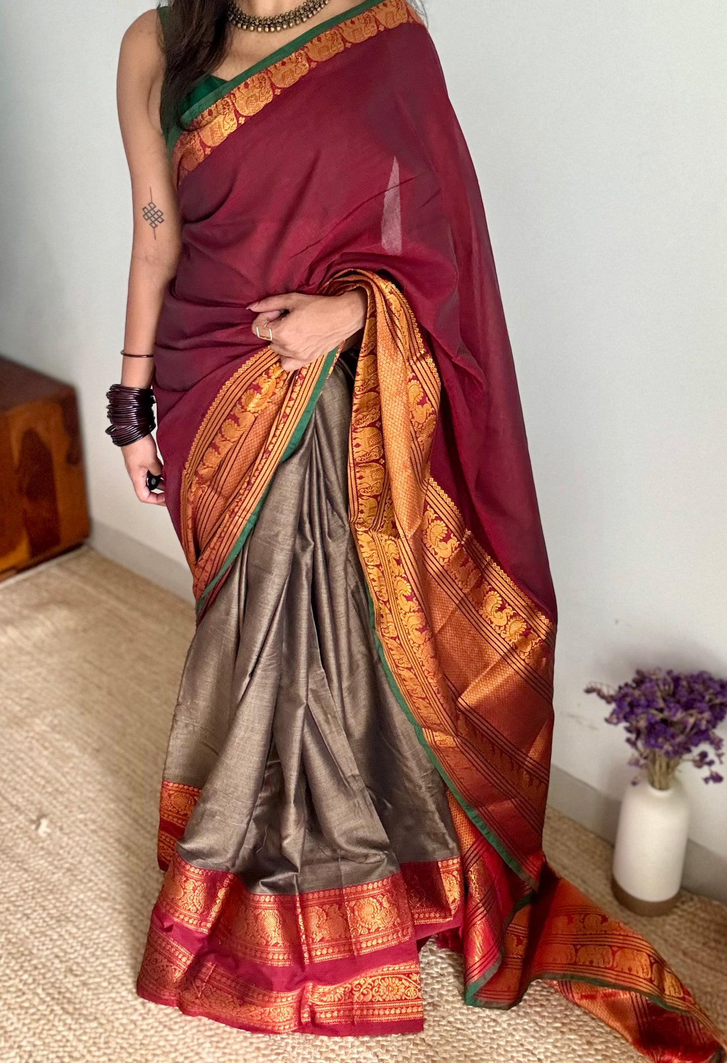 Grey - Maroon unstitched half saree material (dhavani), narayanpet cotton - YCIEHS217