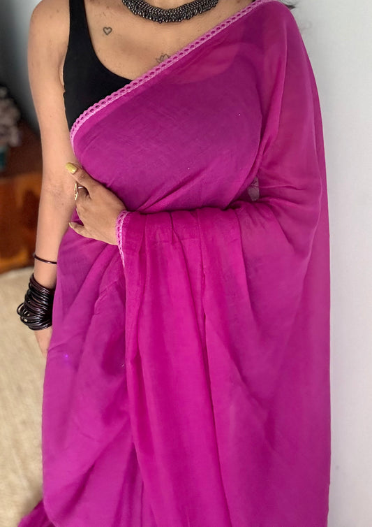 Purple pink plain mul with lace border - YCBCMCLSE02