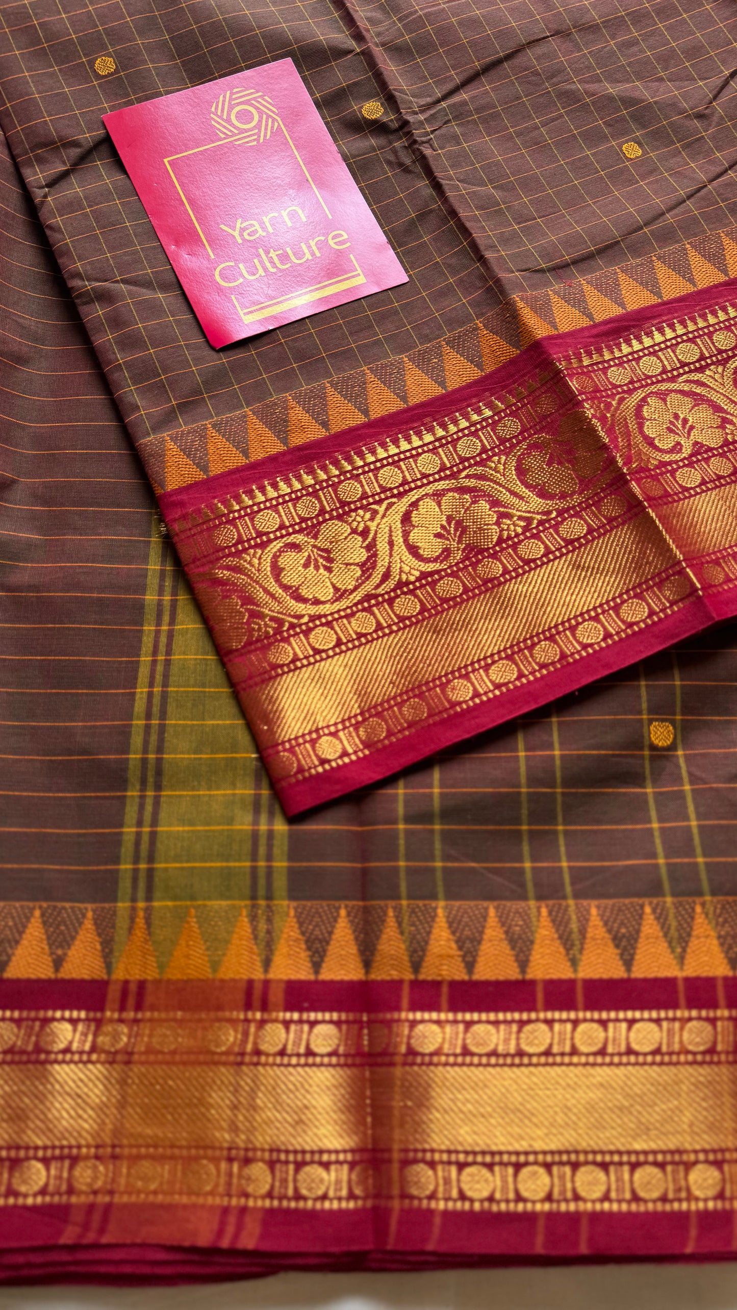 Brownish green with red contrast, checkered kanchi cotton saree - YCCOTNJU22