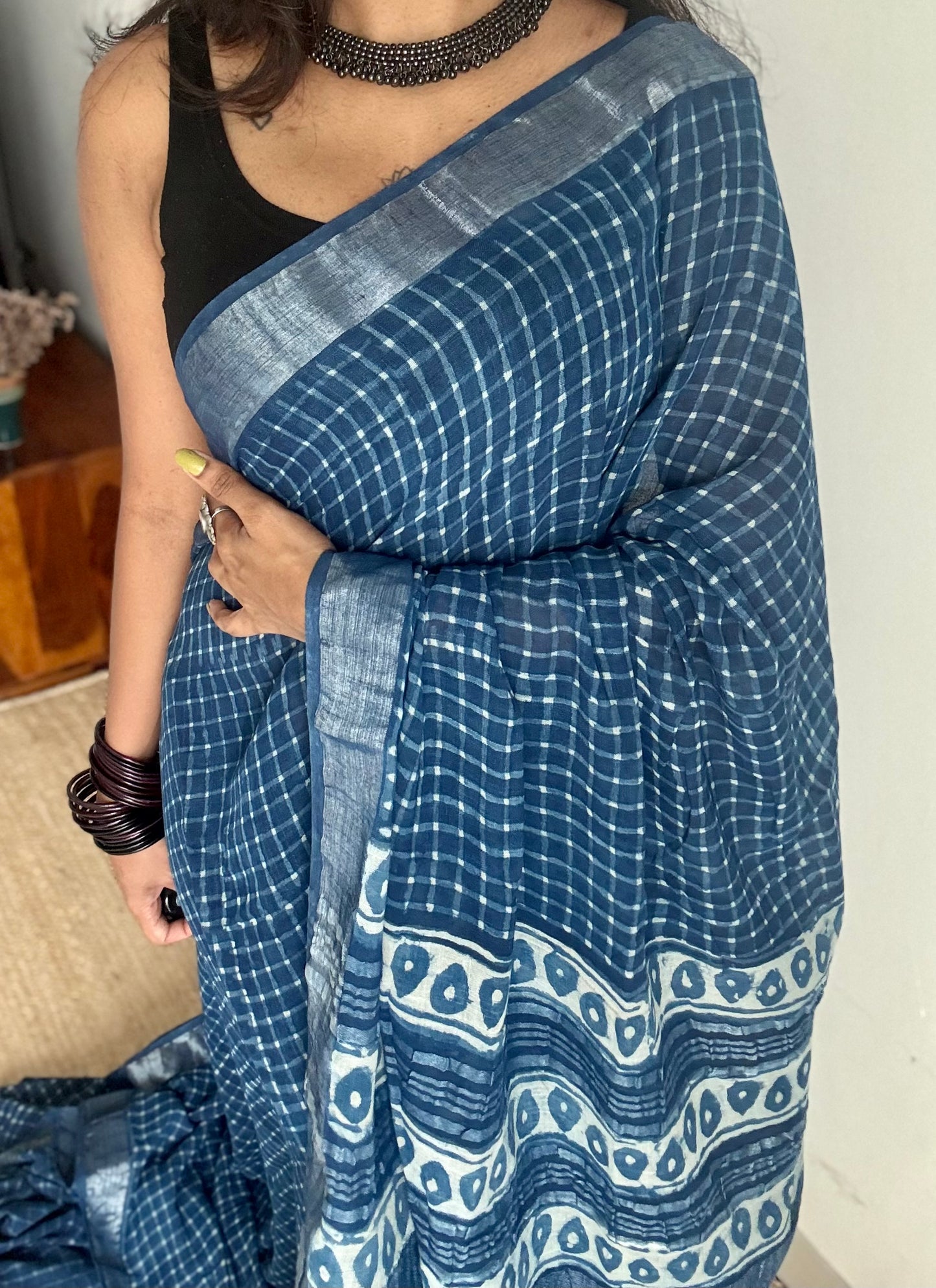 Indigo linen, small checks, silver zari border -YCTORNOP17