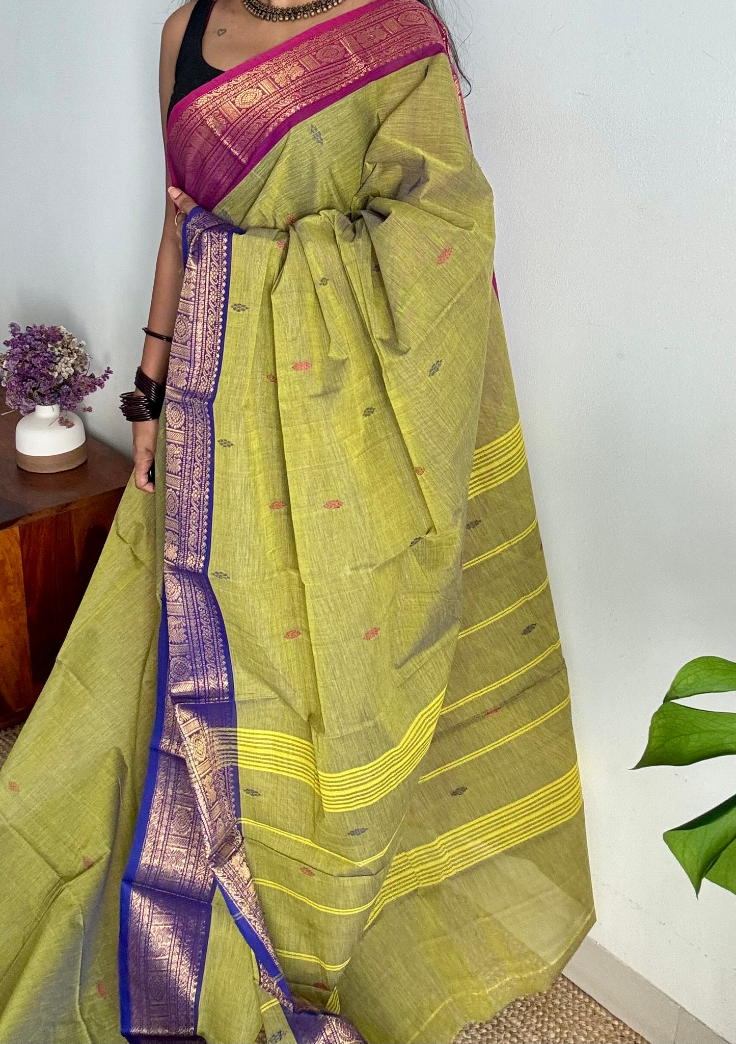 Green with magenta pink and royal blue contrast, kanchi cotton saree - YCCOTNMA326