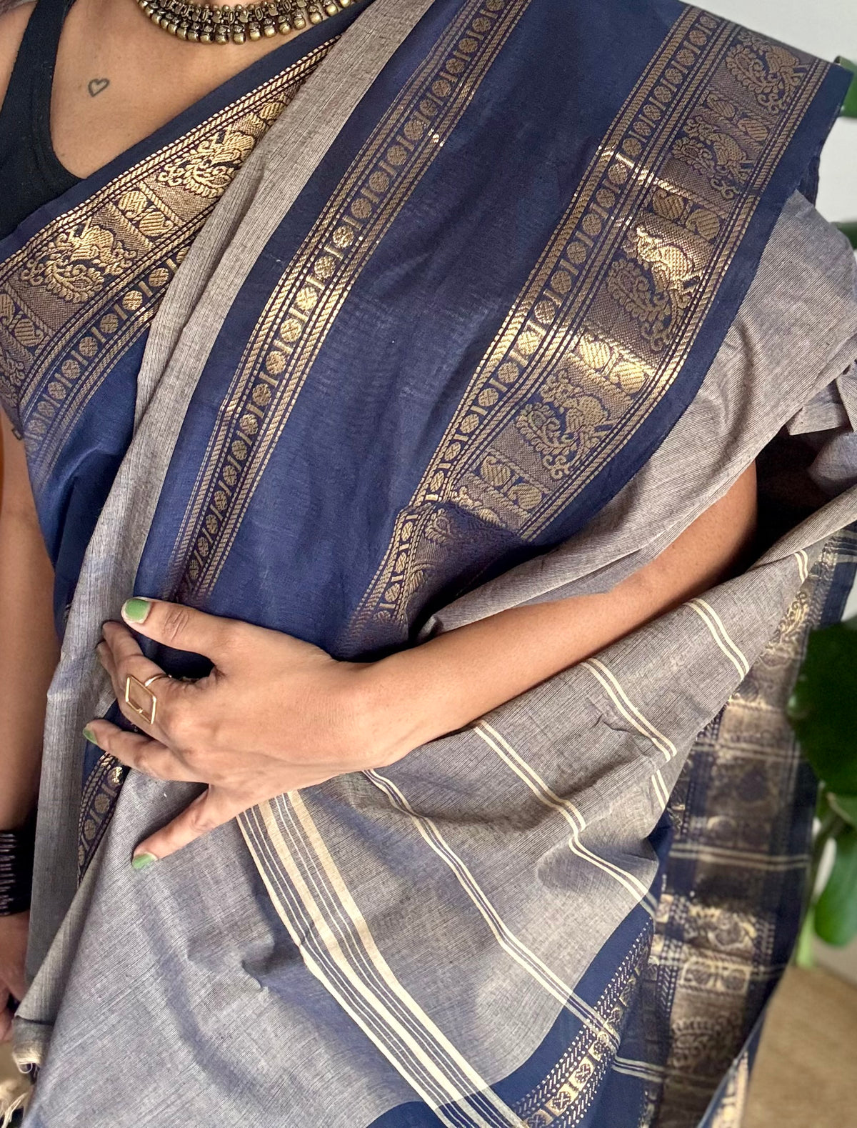 Grey with dark blue gap zari border, kanchi cotton saree - YCCOTNCCOC116