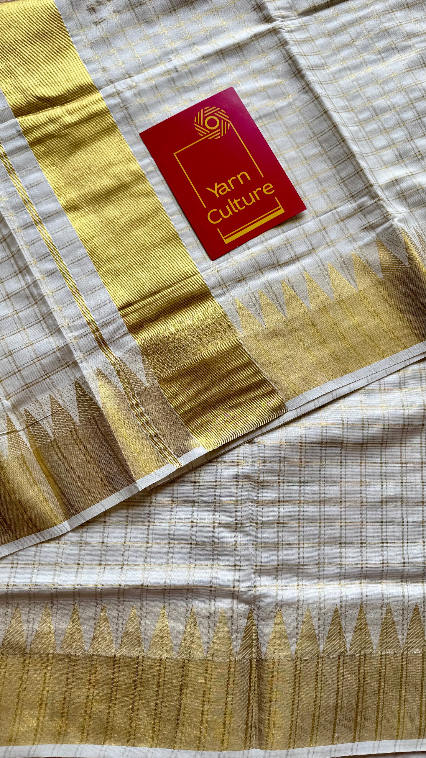 Ivory and gold kerala kasavu saree, checkered, temple border - YCIEON46
