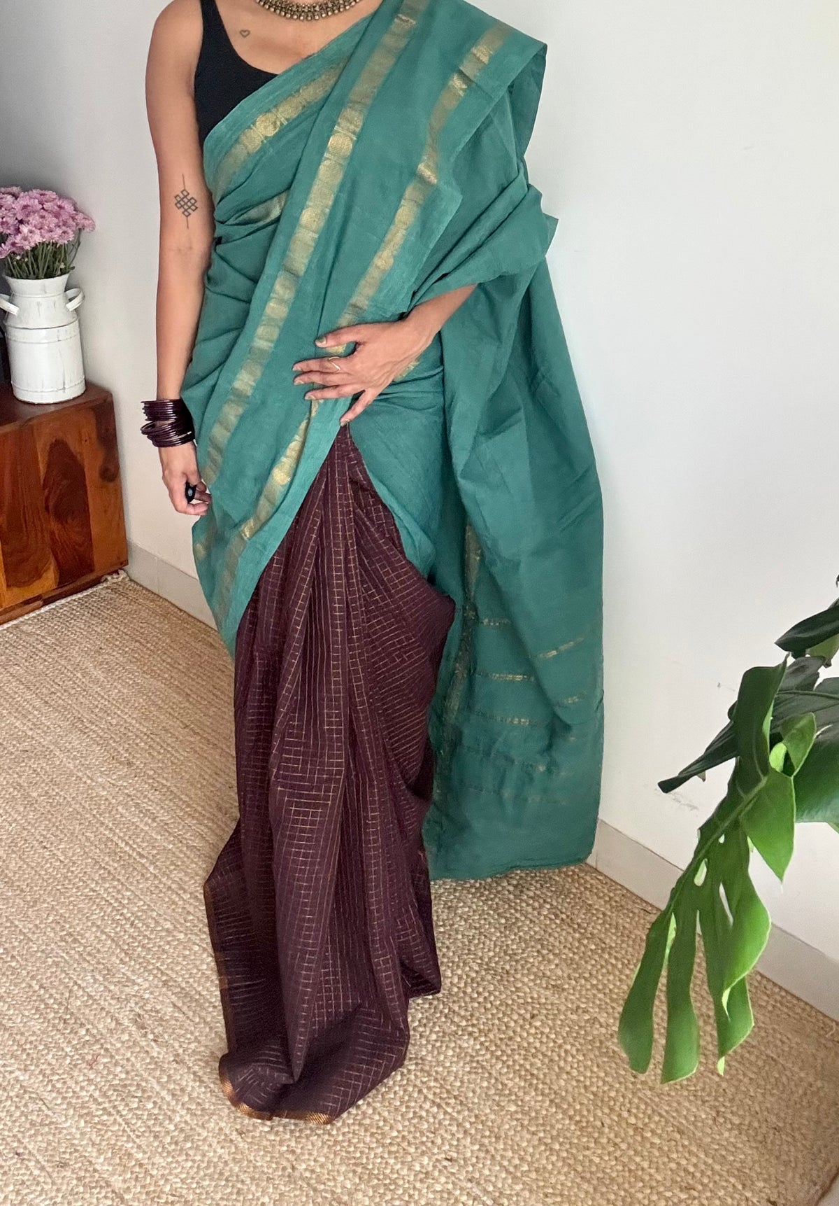 Mint green with brown, sungudi cotton half and half saree - YCCOTNIDOC154