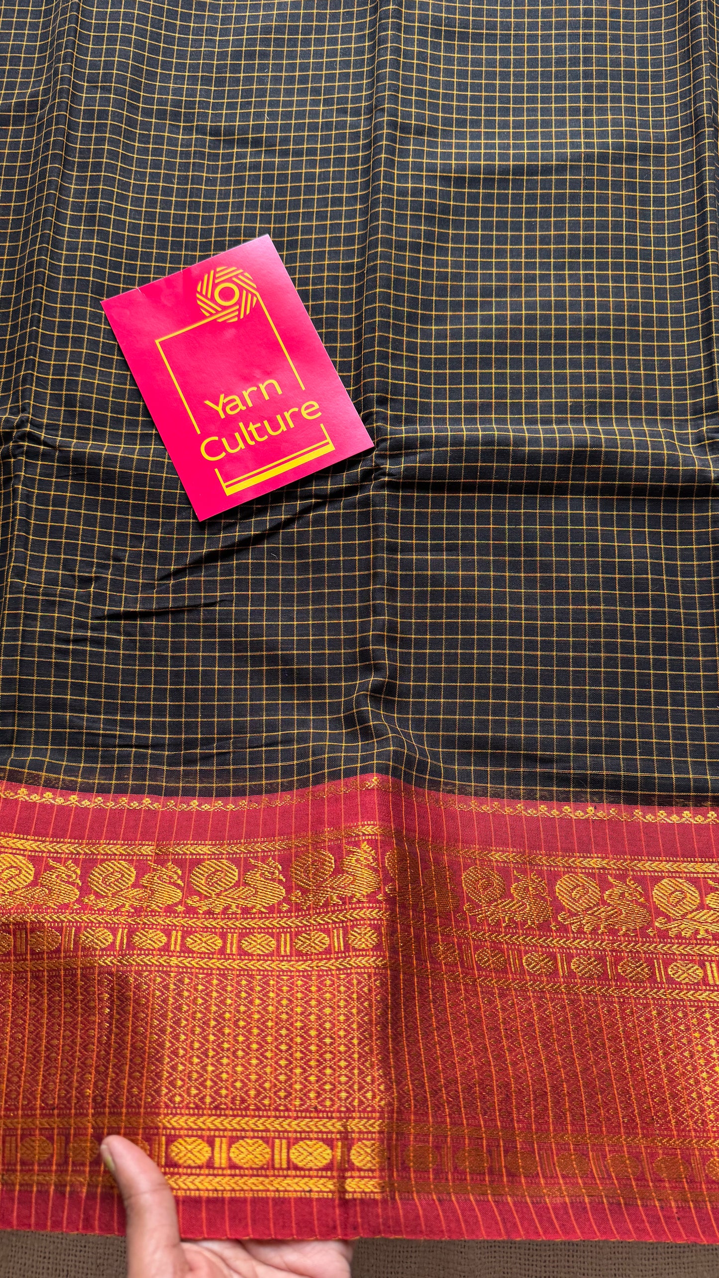 Black checks with red zari border, premium narayanpet, soft cotton - YCWOTDNPCFE20