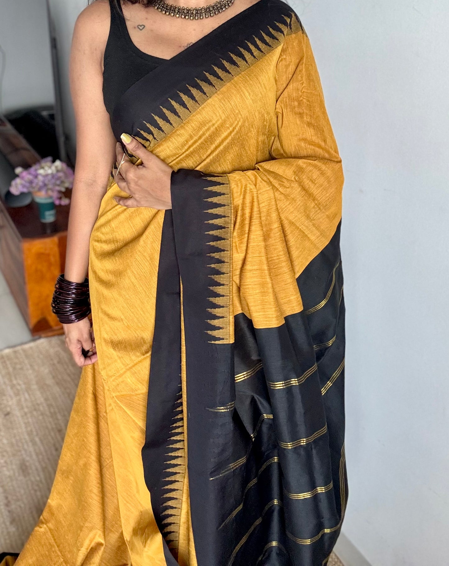 Turmeric yellow with black temple border, cotton silk - YCCOTNCSDE94