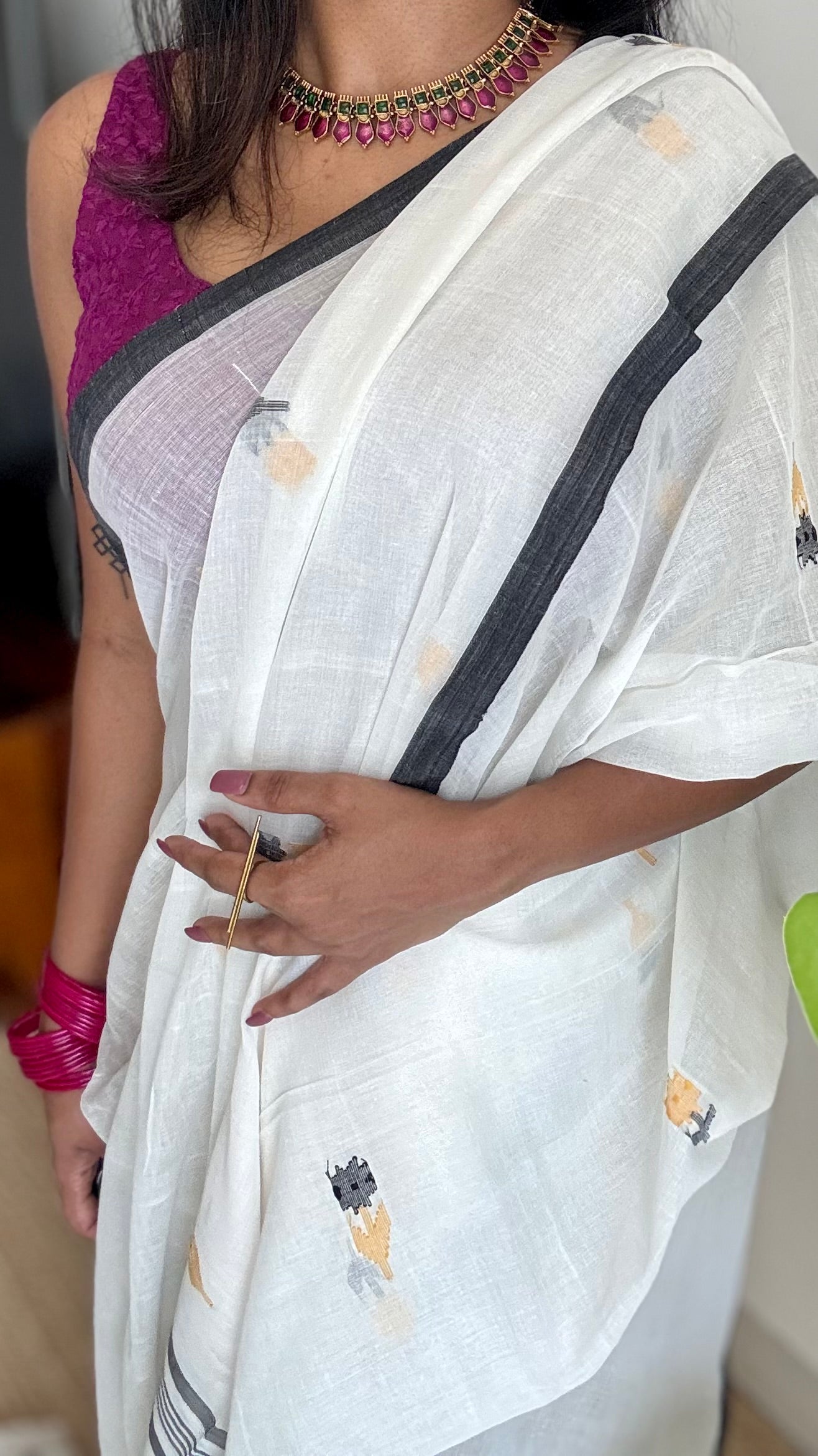 Ivory soft cotton saree, jamdani floral work - YCIEON31