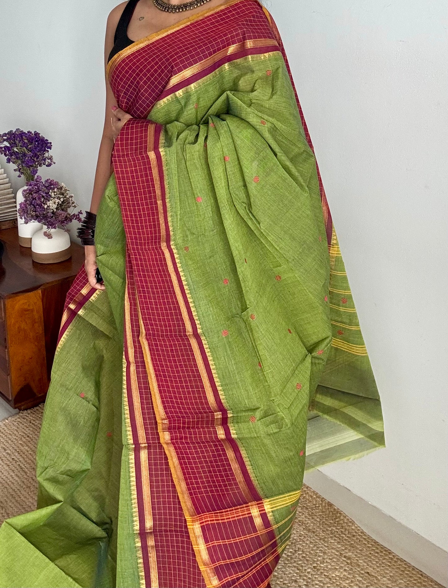 Green and maroon contrast, Chettinad cotton saree with checkered border  - YCCOTNMA271