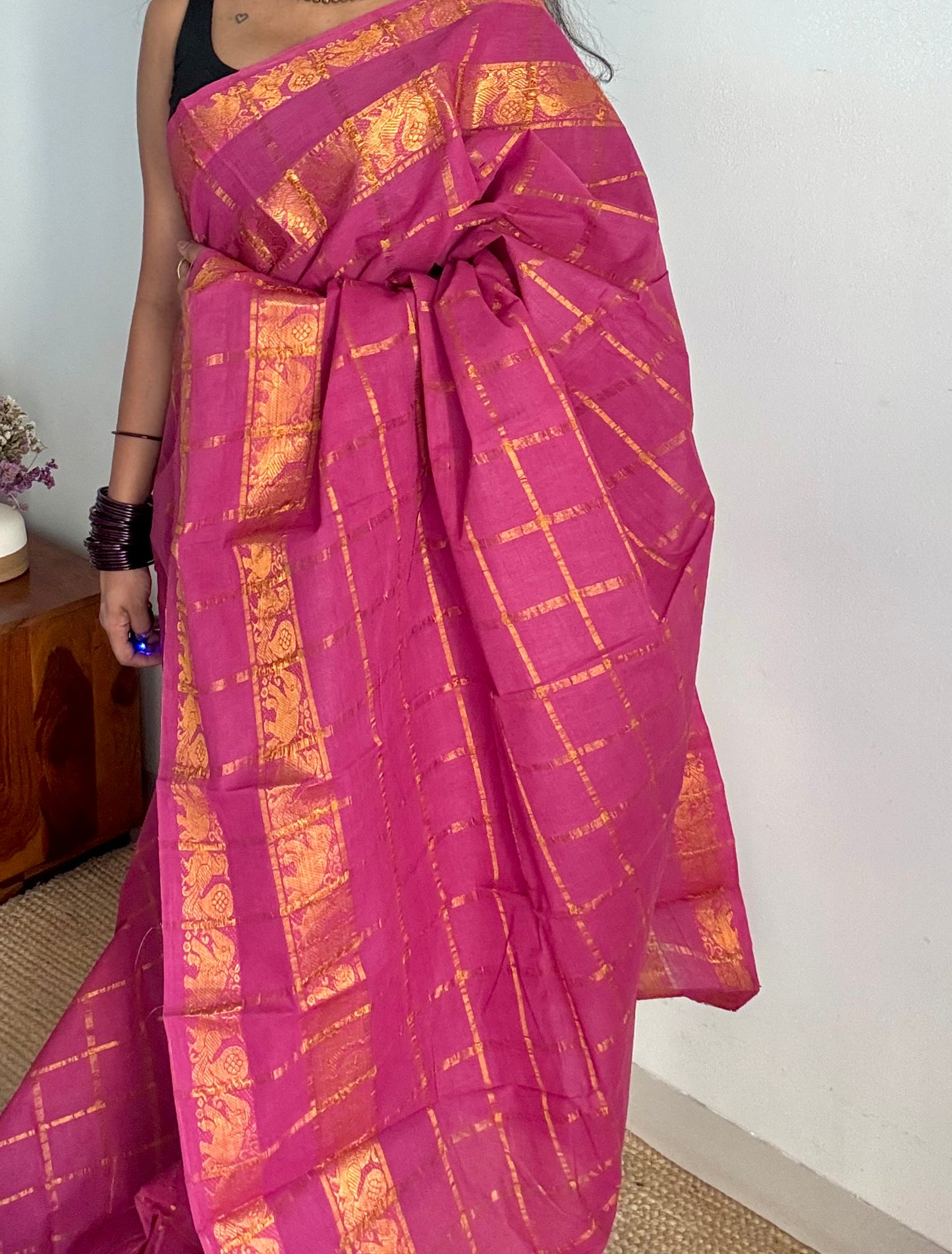 Mauve pink pavithra kattam with motif double border, kattuchayam dyed madurai cotton saree - YCCOTNMSAP178
