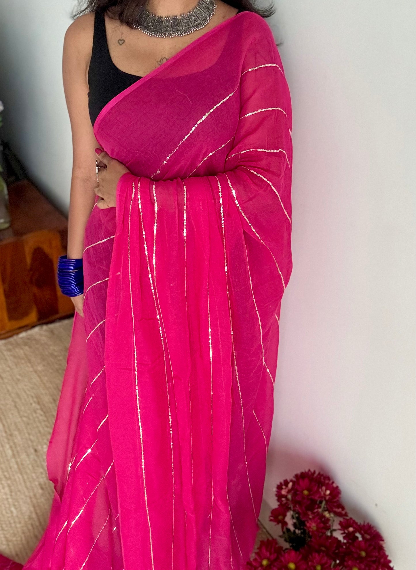 Ruby pink mul with silver sequins - YCBCMCLSE56