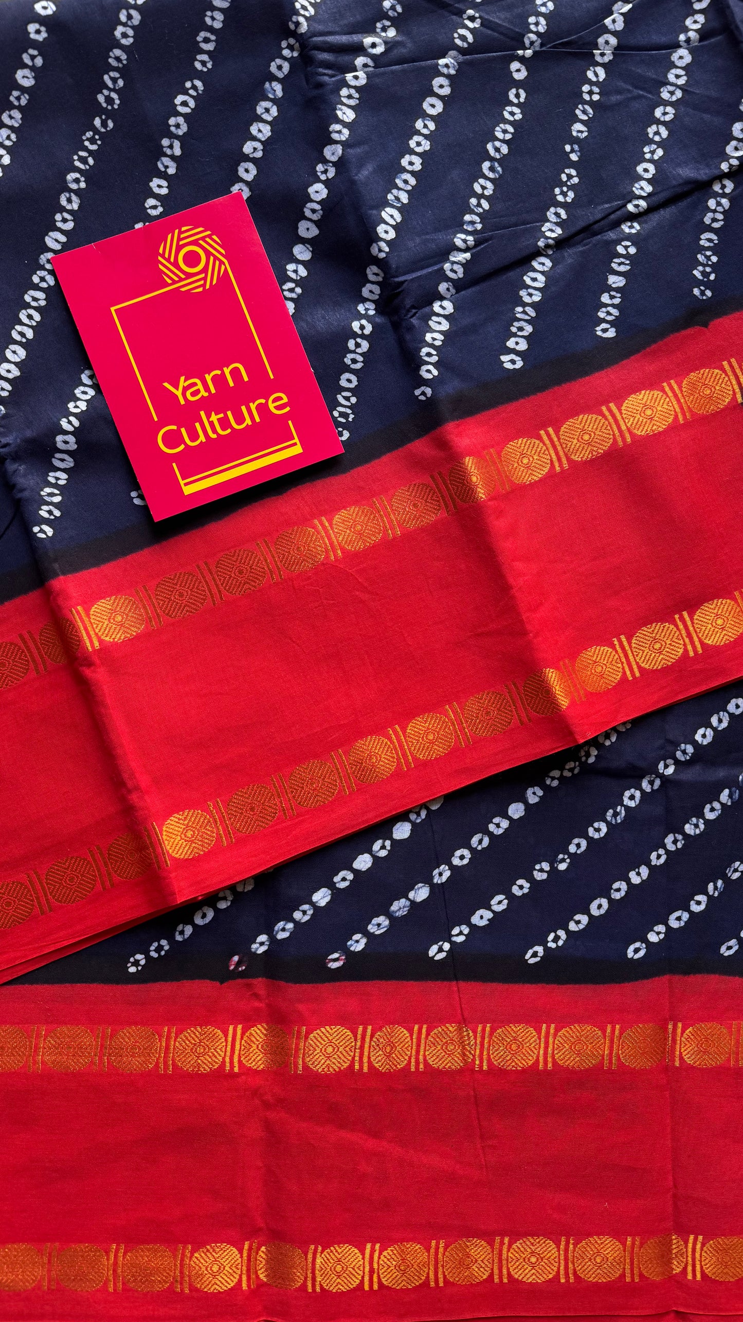 Dark navy blue with chilli red printed sungudi, madurai cotton - YCCOTNSUDE103