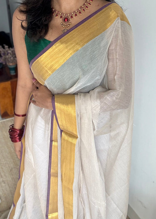 Greyish ivory with violet and gold zari border, mul cotton - YCONBCM221