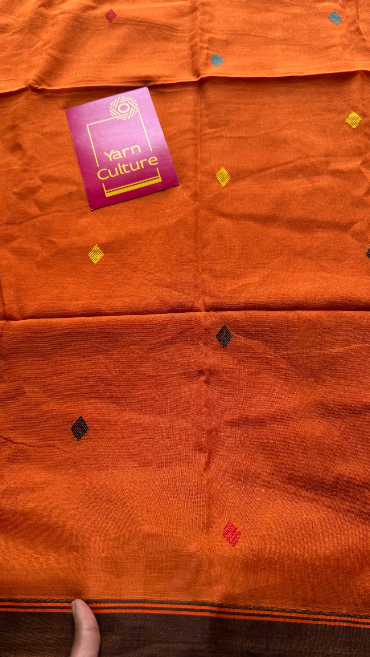 Handloom Bengal soft cotton saree, orange with woven buttas and brown borders - YCBCMCSE36