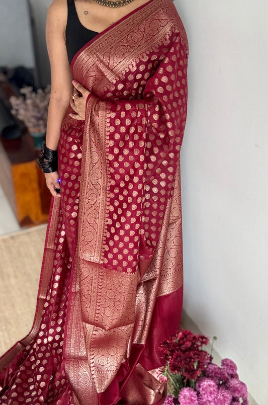Ruby - Maroon with a slight hint of pink, antique gold zari, Banarasi semi georgette - YCBLFEGAGZ16