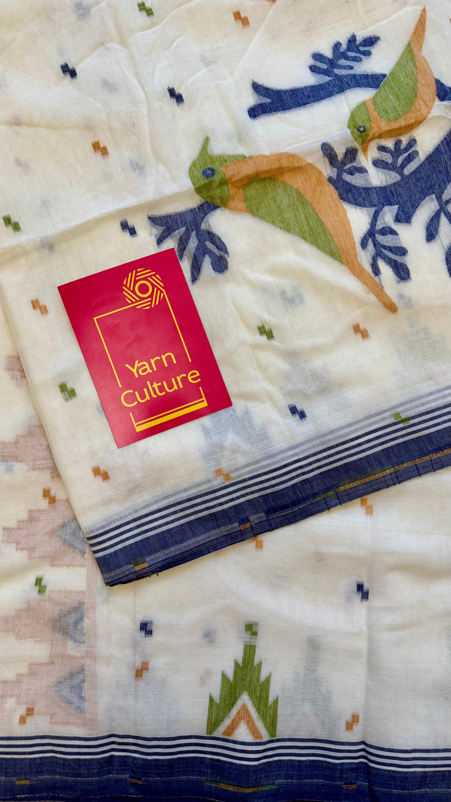 Ivory soft cotton saree, jamdani bird work - YCIEON38