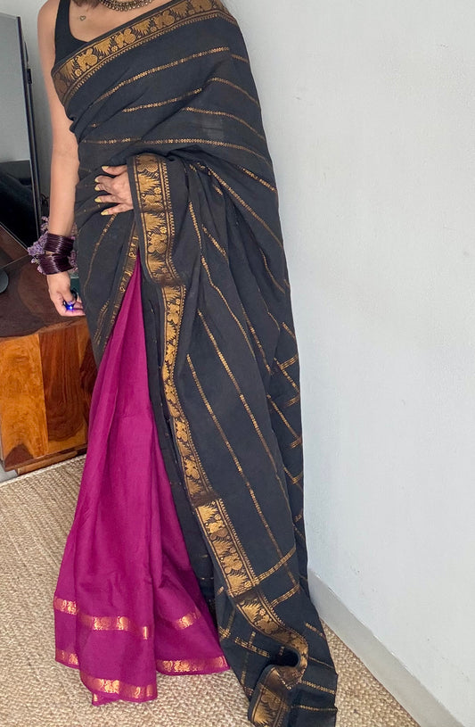 Black with purple pink (vadamalli), sungudi cotton half-half saree - YCCOTNMSFE358