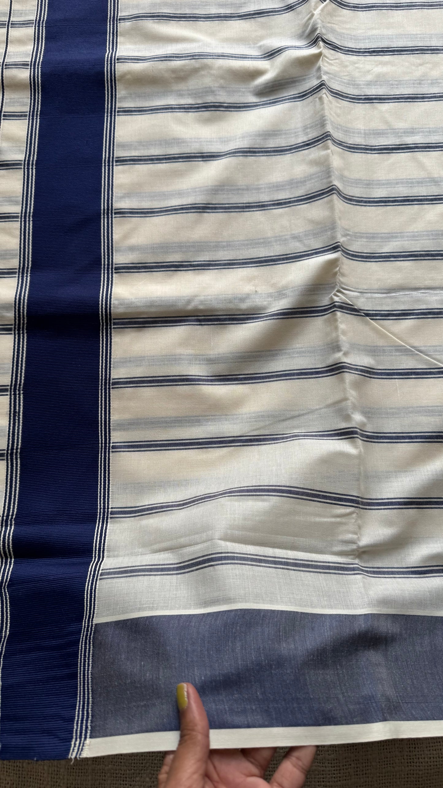 Ivory Kerala cotton saree with blue stripes and border - YCIEKCFE320