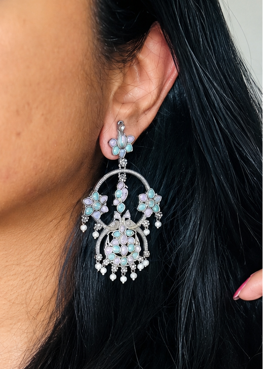 Peacock dangler earring with baby pink and mint stones - YCOSED593