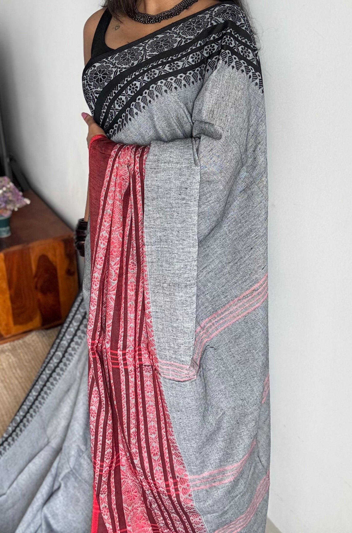 Grey with red and black threadwork, begampuri soft cotton - YCBCBPJA201