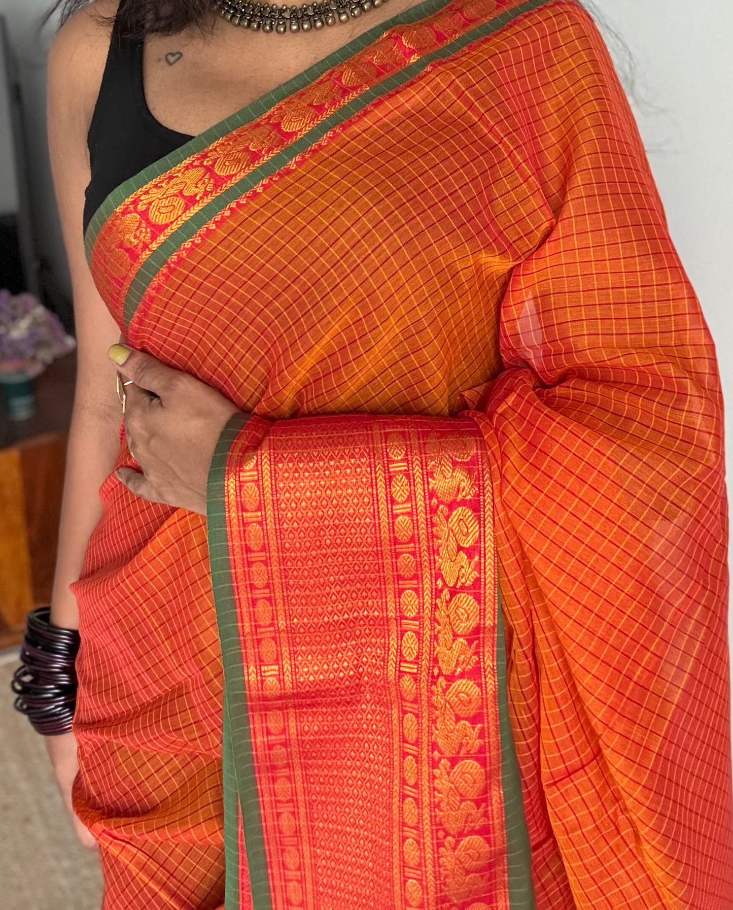 Orange checks with green zari border, premium narayanpet, soft cotton - YCWOTDNPCFE22