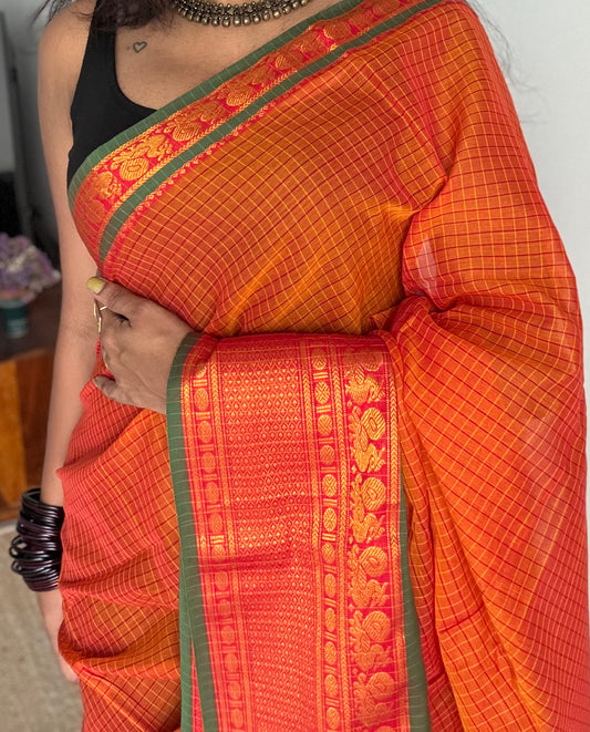 Orange checks with green zari border, premium narayanpet, soft cotton - YCWOTDNPCFE22