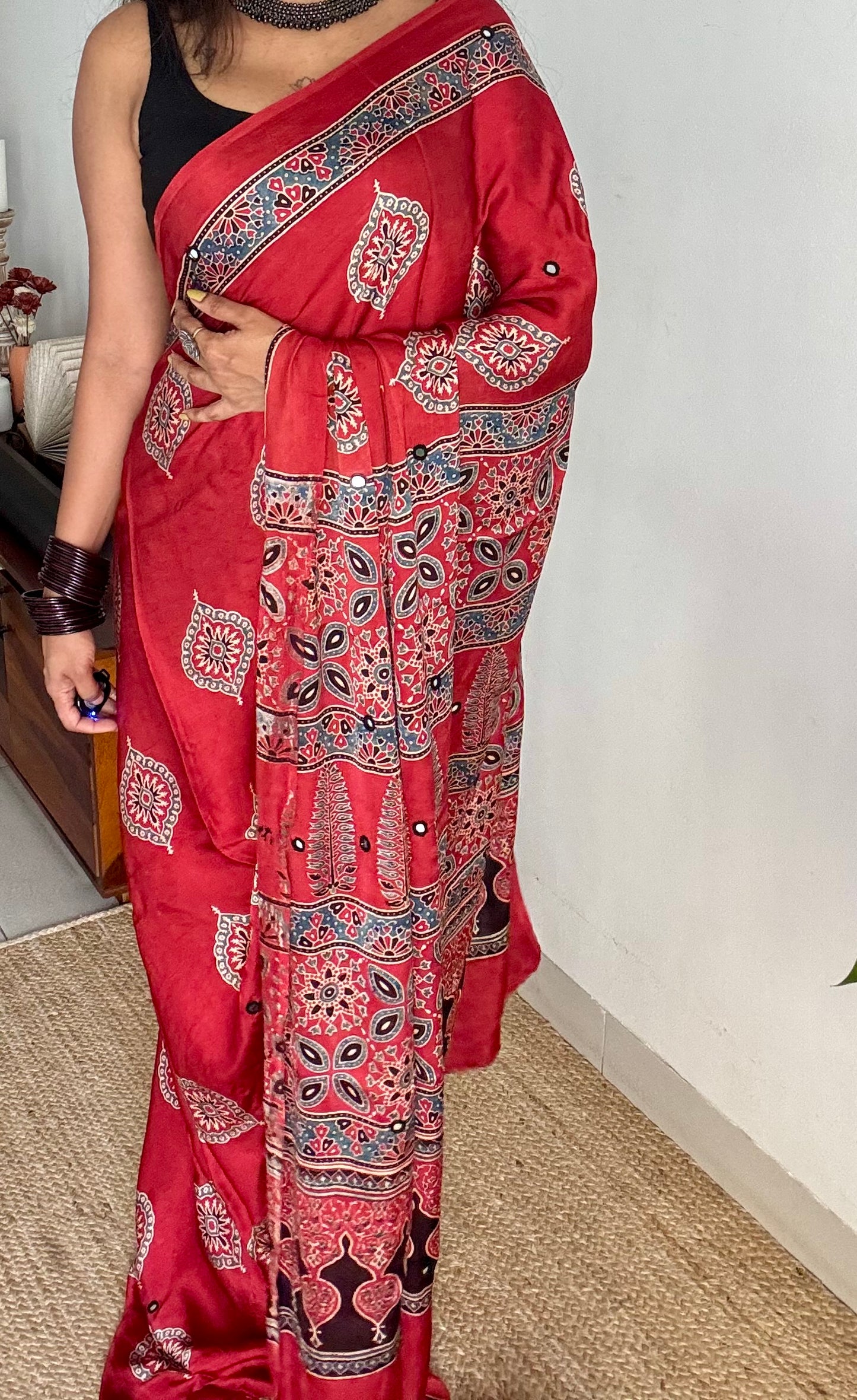 Red pure modal silk saree with ajrakh handblock print and mirror work - YCTOKAJM338