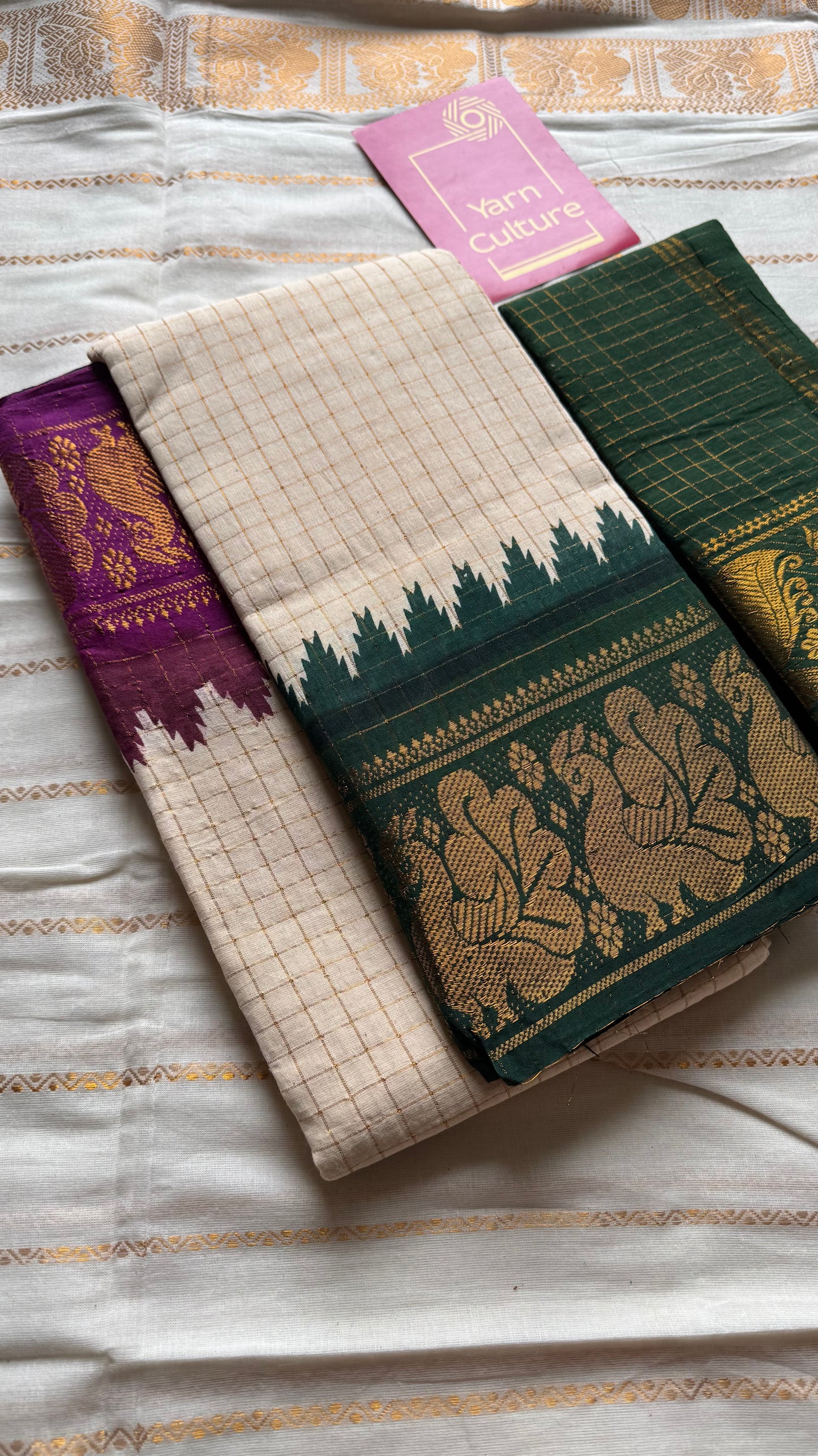 Sungudi cotton checks, ivory gold base, magenta and dark green dual tone border, soft cotton - YCCOTNMSJUL07