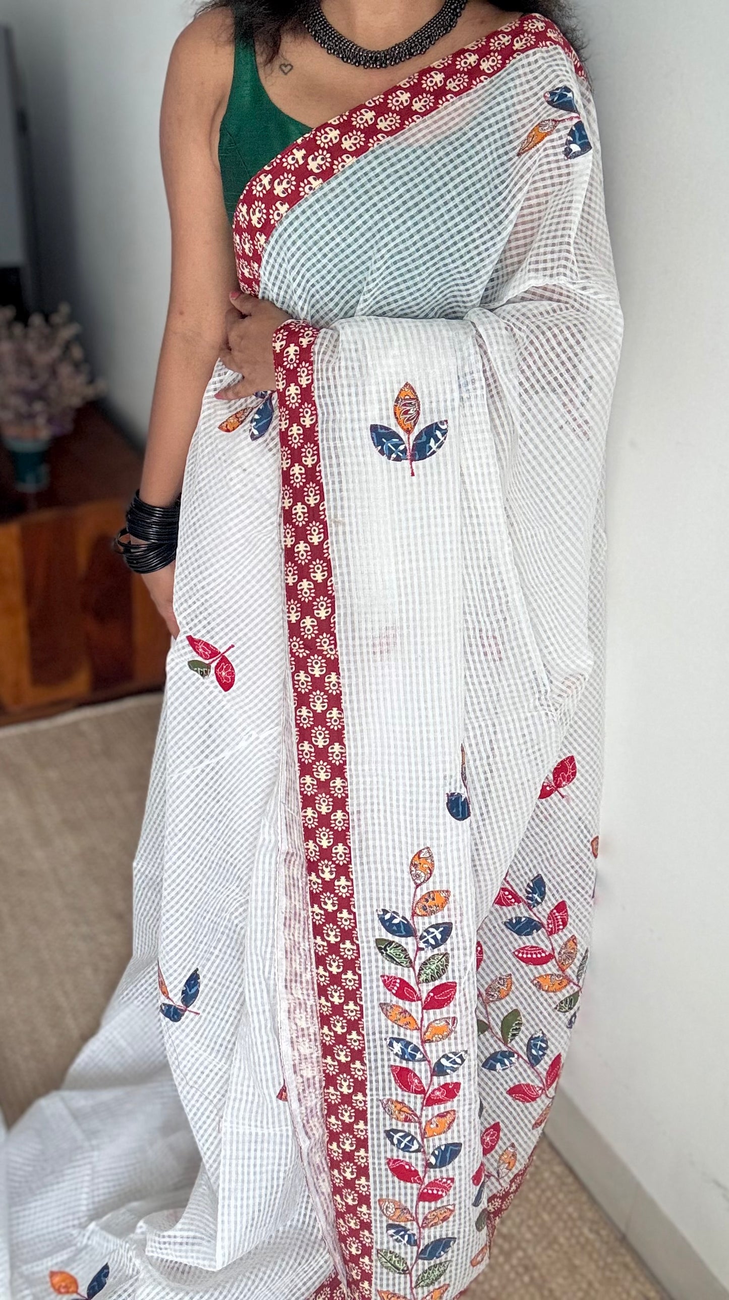 White kota with ajrakh cutwork and border - YCON25TORAK01
