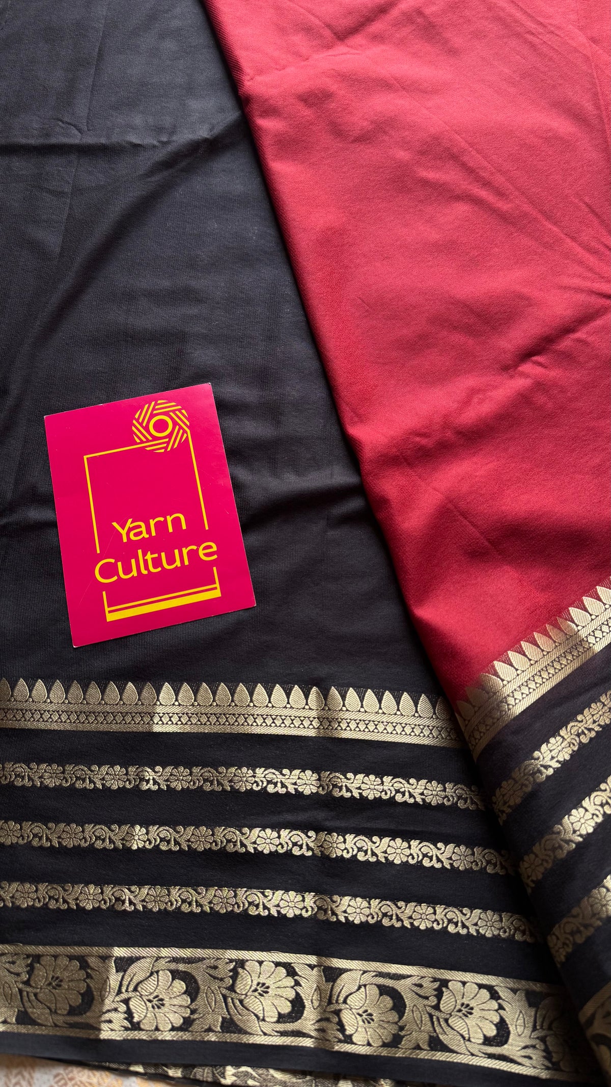 Maroon and black, semi crepe silk saree with antique gold border - YCLOKOC50