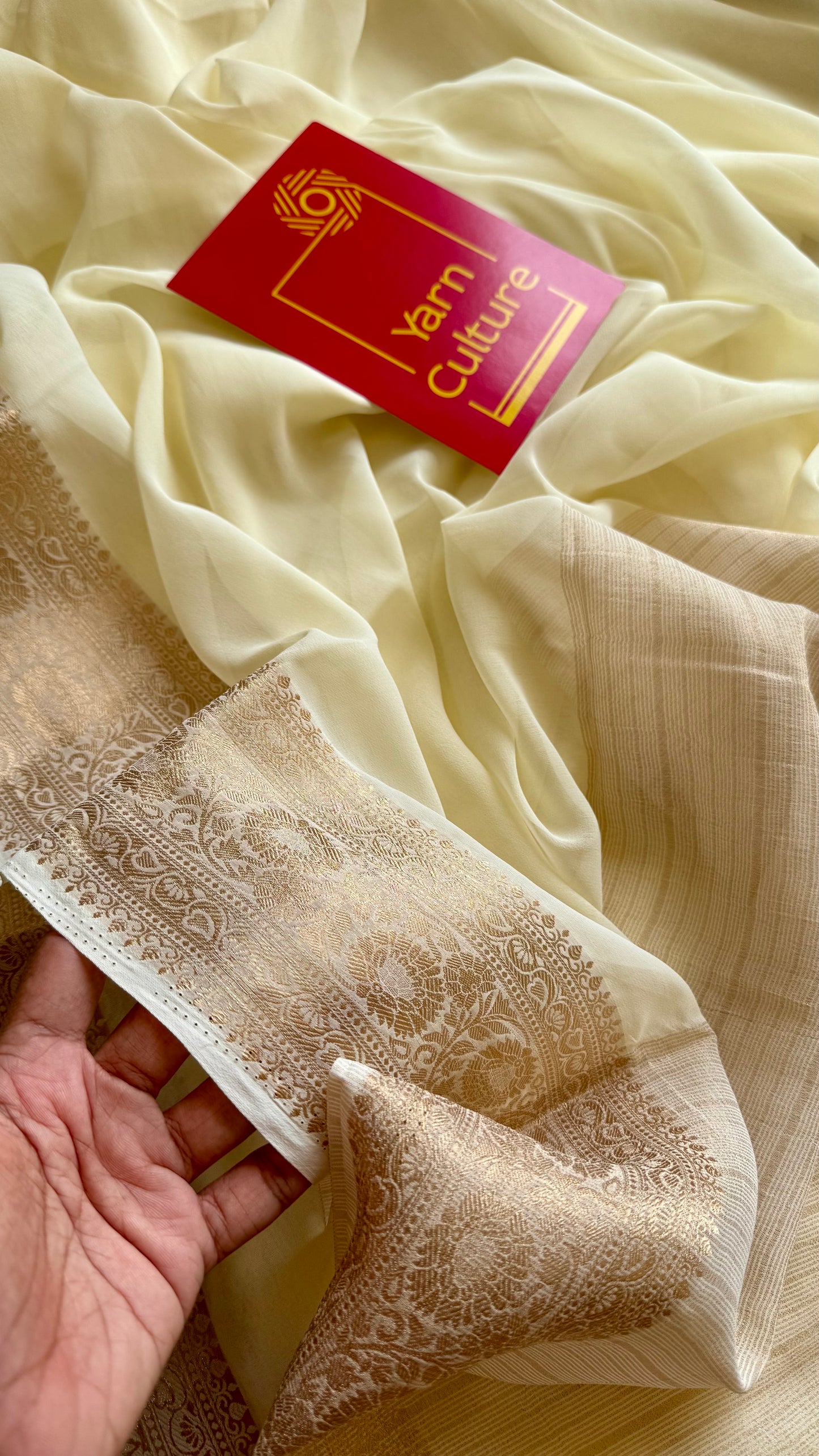 Ivory soft georgette saree, with antique gold zari border - YCIEON87