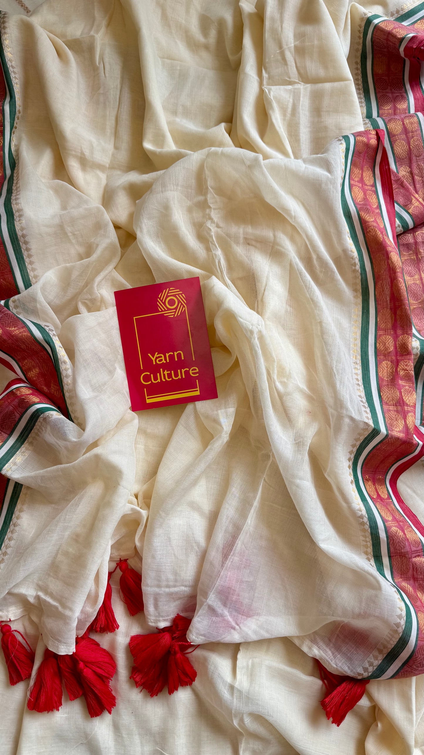 Ivory mul saree, muted red and green kanchi border  - YCIEON24
