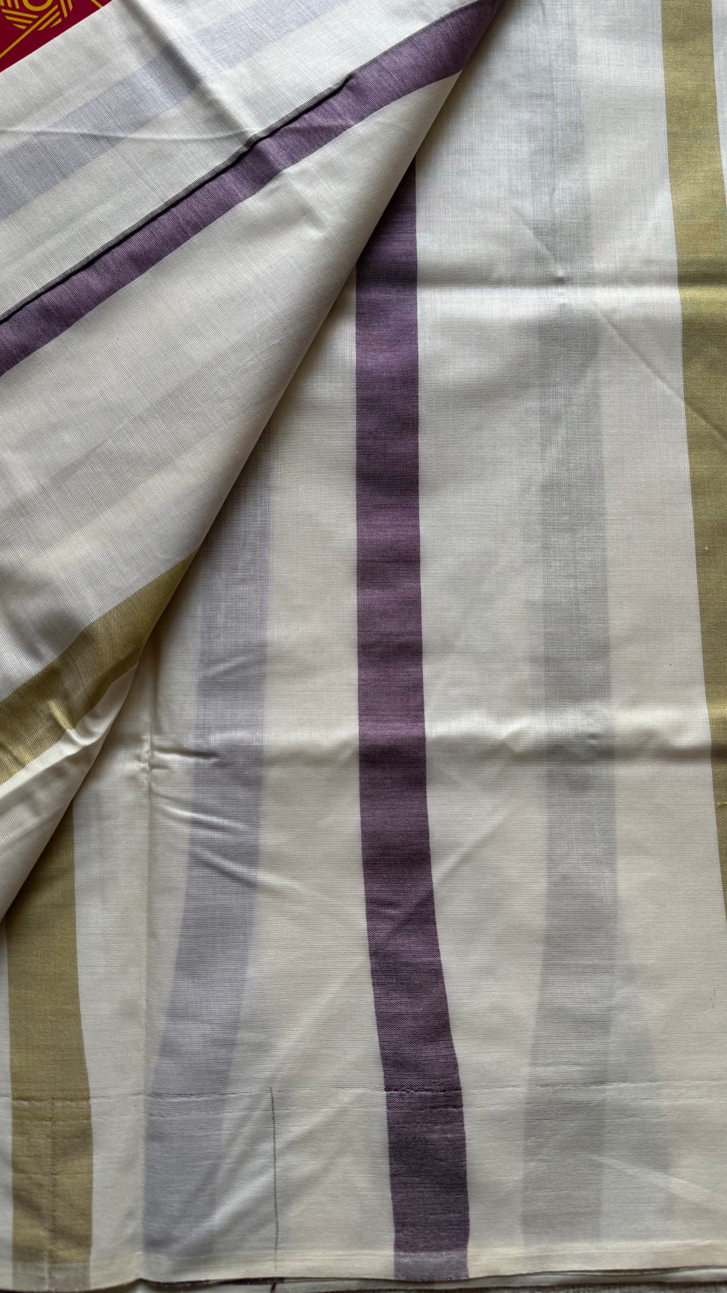 Ivory Kerala cotton saree with purple and green stripes - YCIEKCFE306