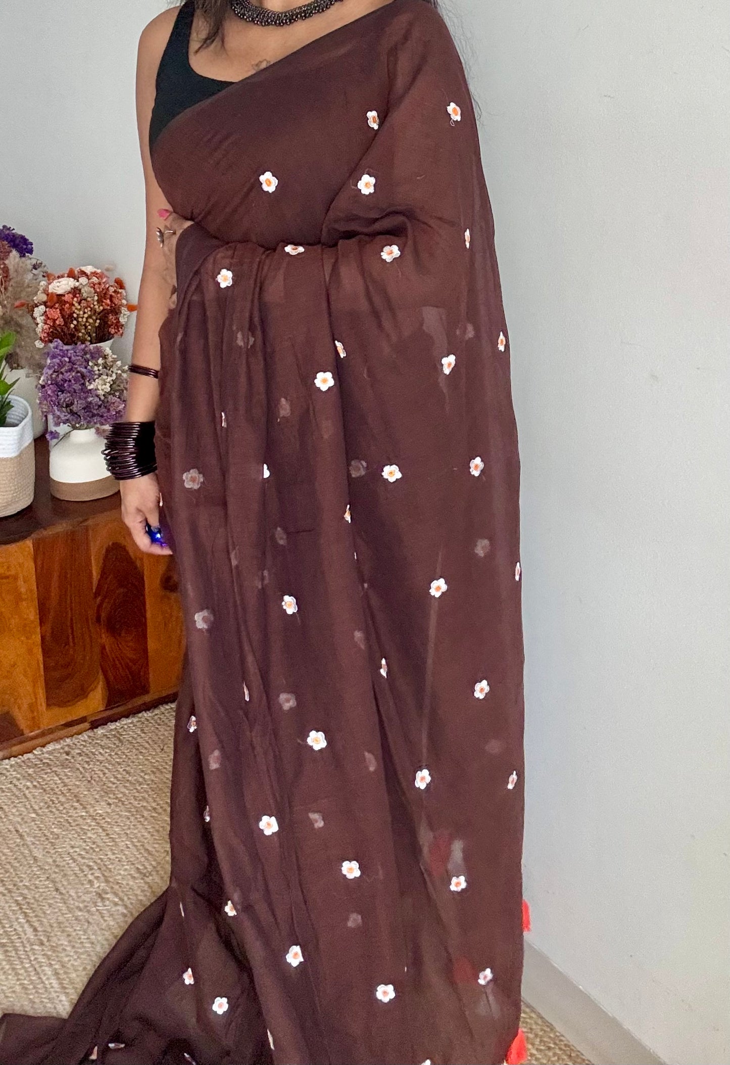 Brown with white floral embroidered mul cotton saree  - YCBCMCAP42