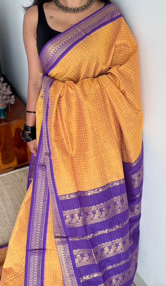 Yellow with purple, checks - cotton silk - YCCOTNSEKCS09