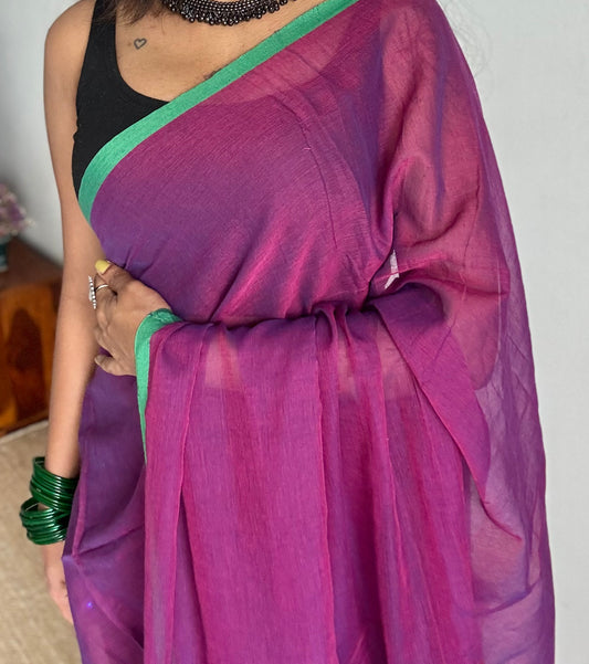 Grape wine with green border mul cotton saree - YCBCMCFE228