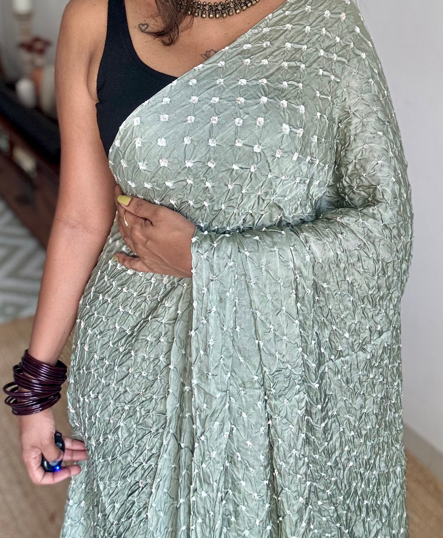 Pastel mint green, crushed bandhej pure modal silk saree with lagdi patta zari pallu - YCTOKBM334