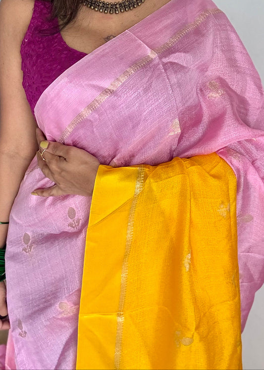soft silk saree with satin border and jacquard zari motifs, lightweight farewell and partywear saree with elegant drape, flowy saree