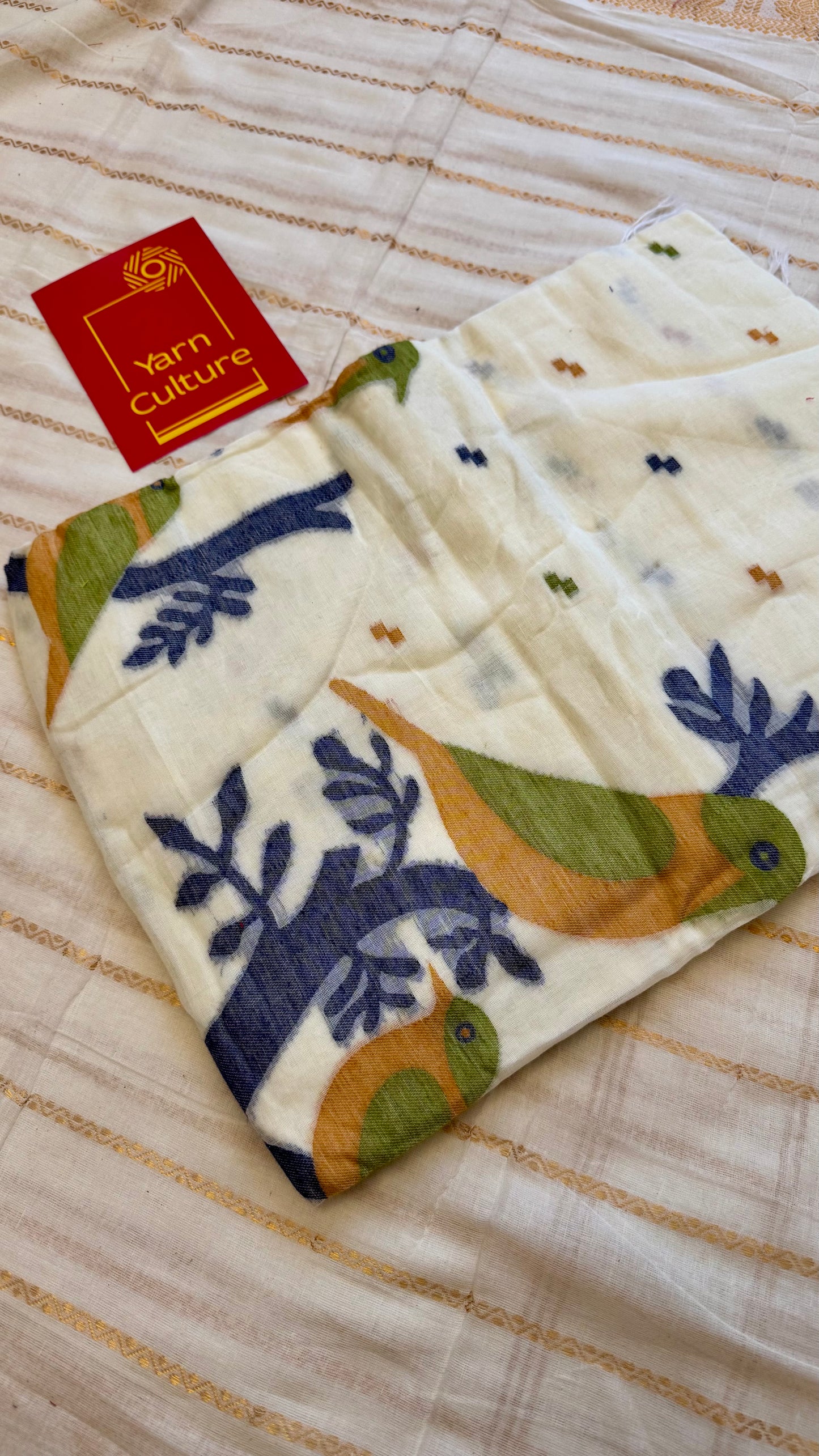 Ivory soft cotton saree, jamdani bird work - YCIEON38