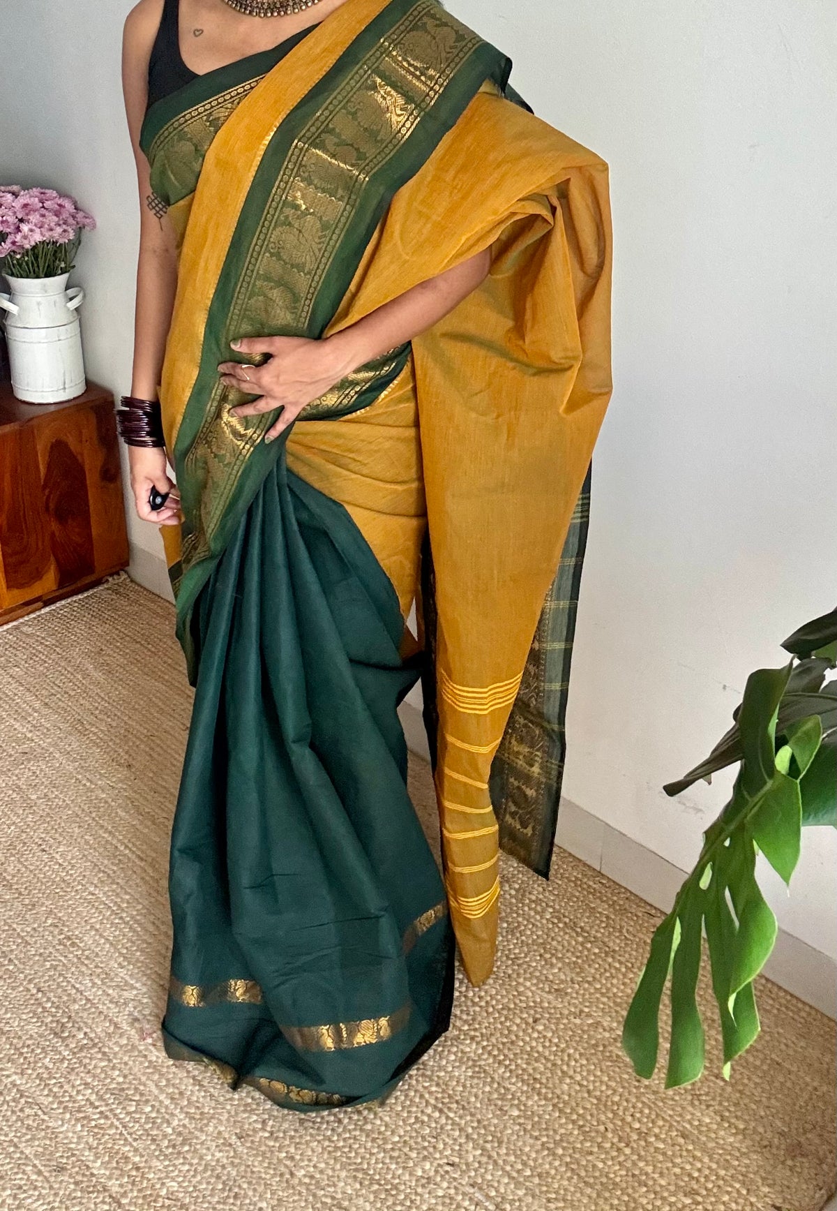 Ginger green with dark green, sungudi and chettinad cotton half and half saree - YCCOTNIDOC134